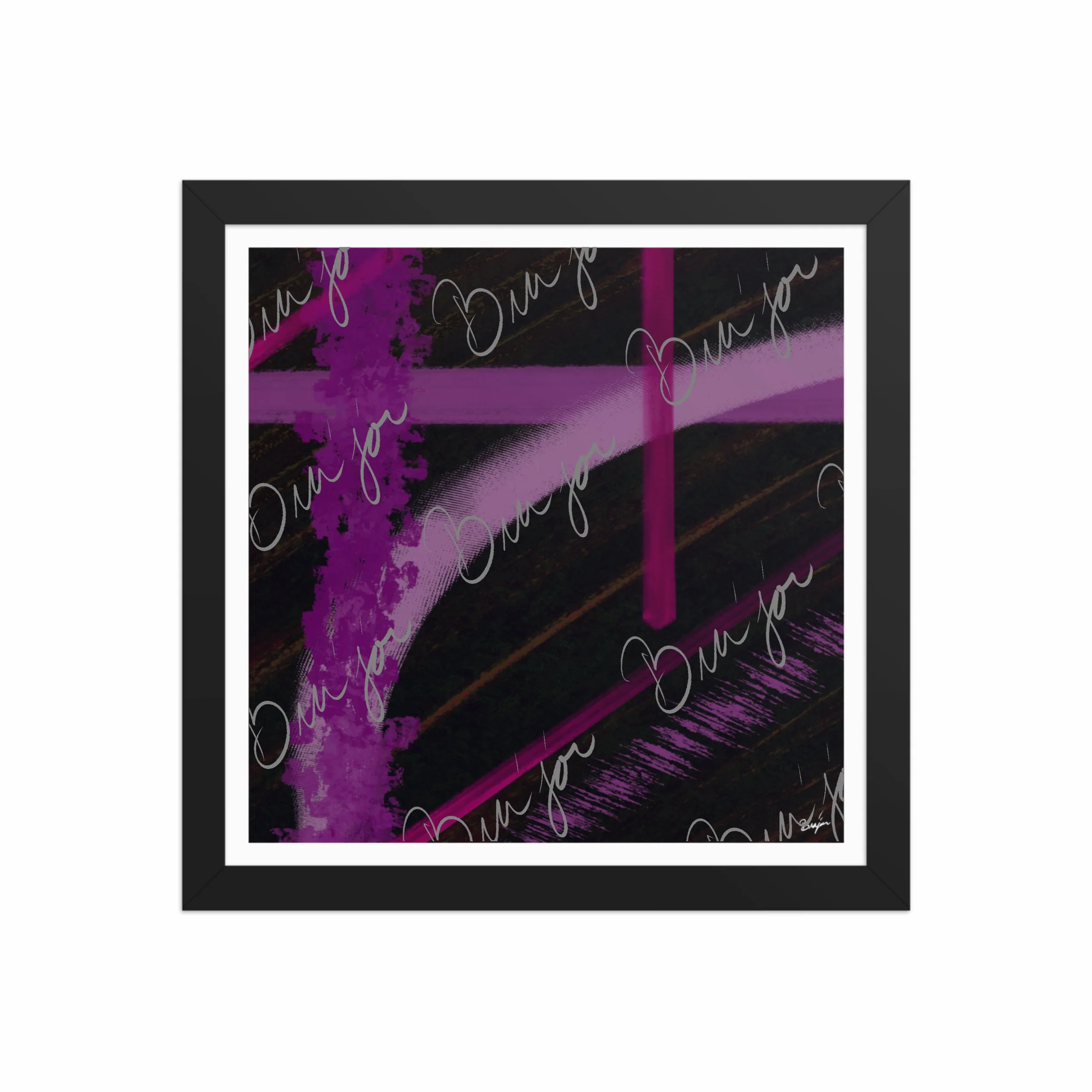 12x12 Black Framed Abstract artwork titled Be Soft designed by the digital abstract artist Bra'jor. Artwork includes the colors Purple, Lavender, Pink, Orange, and Black
