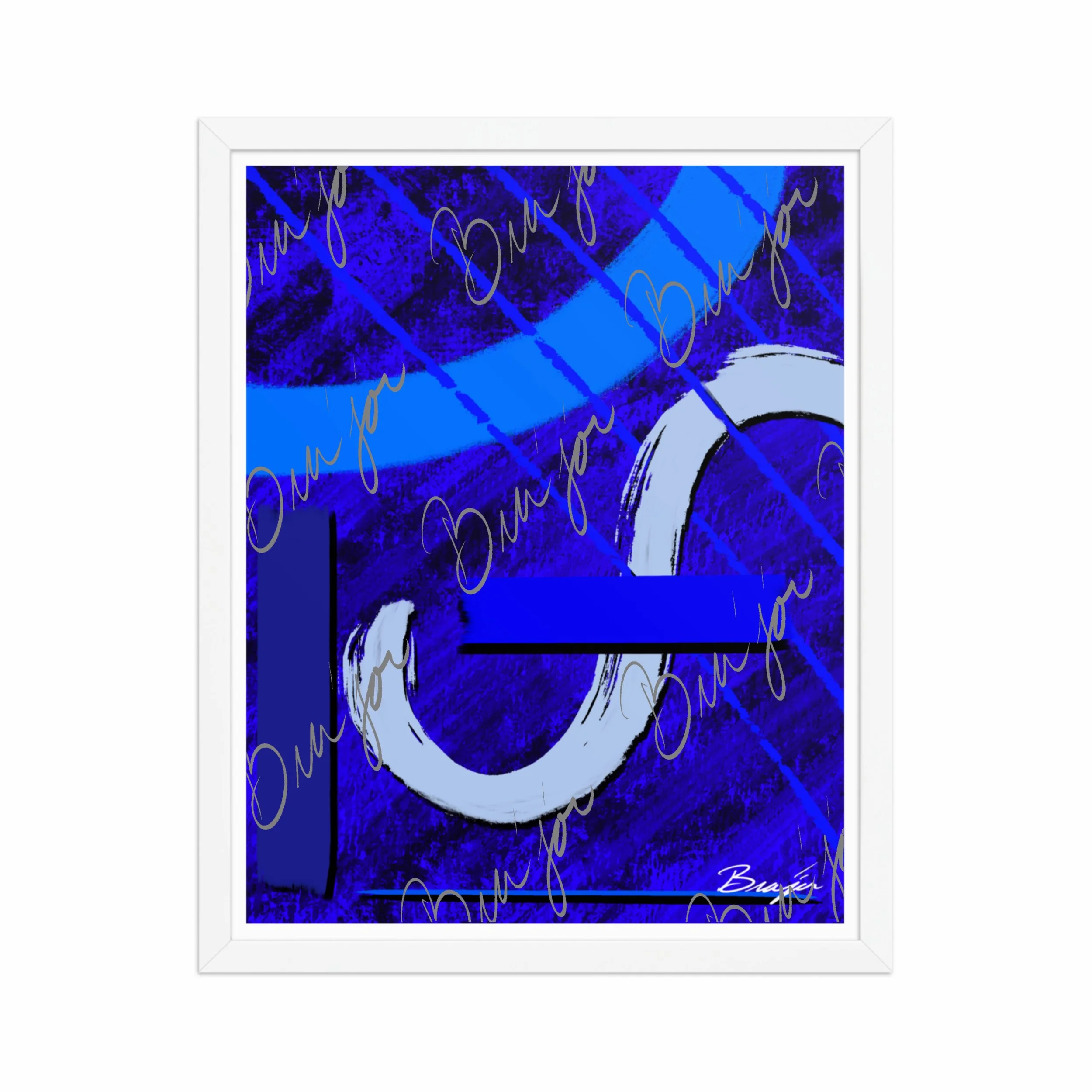 16x20 White Abstract artwork titled Undone designed by the digital abstract artist Bra'jor. Artwork includes the colors Blue, Black, Misty Blue, and Navy