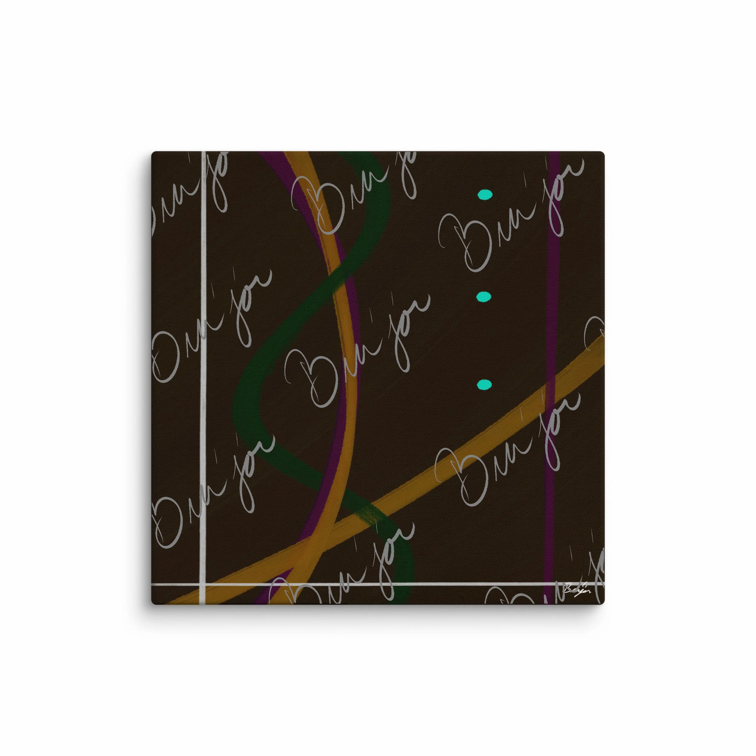 37x37 XL Canvas Abstract artwork titled Button Up designed by the digital abstract artist Bra'jor. Artwork includes the colors Orange, Purple, Green, White, and Brown