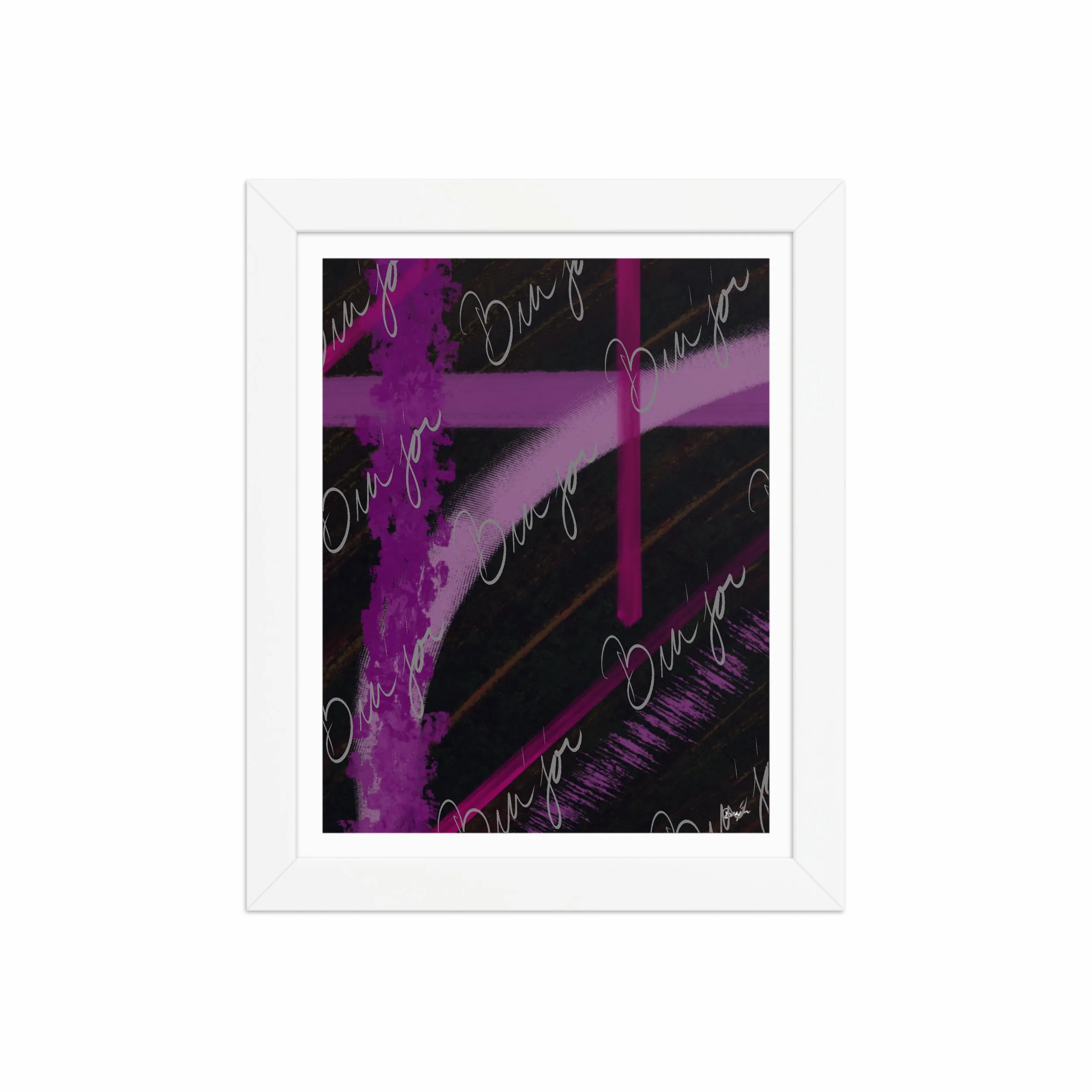 8x10 White Framed Abstract artwork titled Be Soft designed by the digital abstract artist Bra'jor. Artwork includes the colors Purple, Lavender, Pink, Orange, and Black