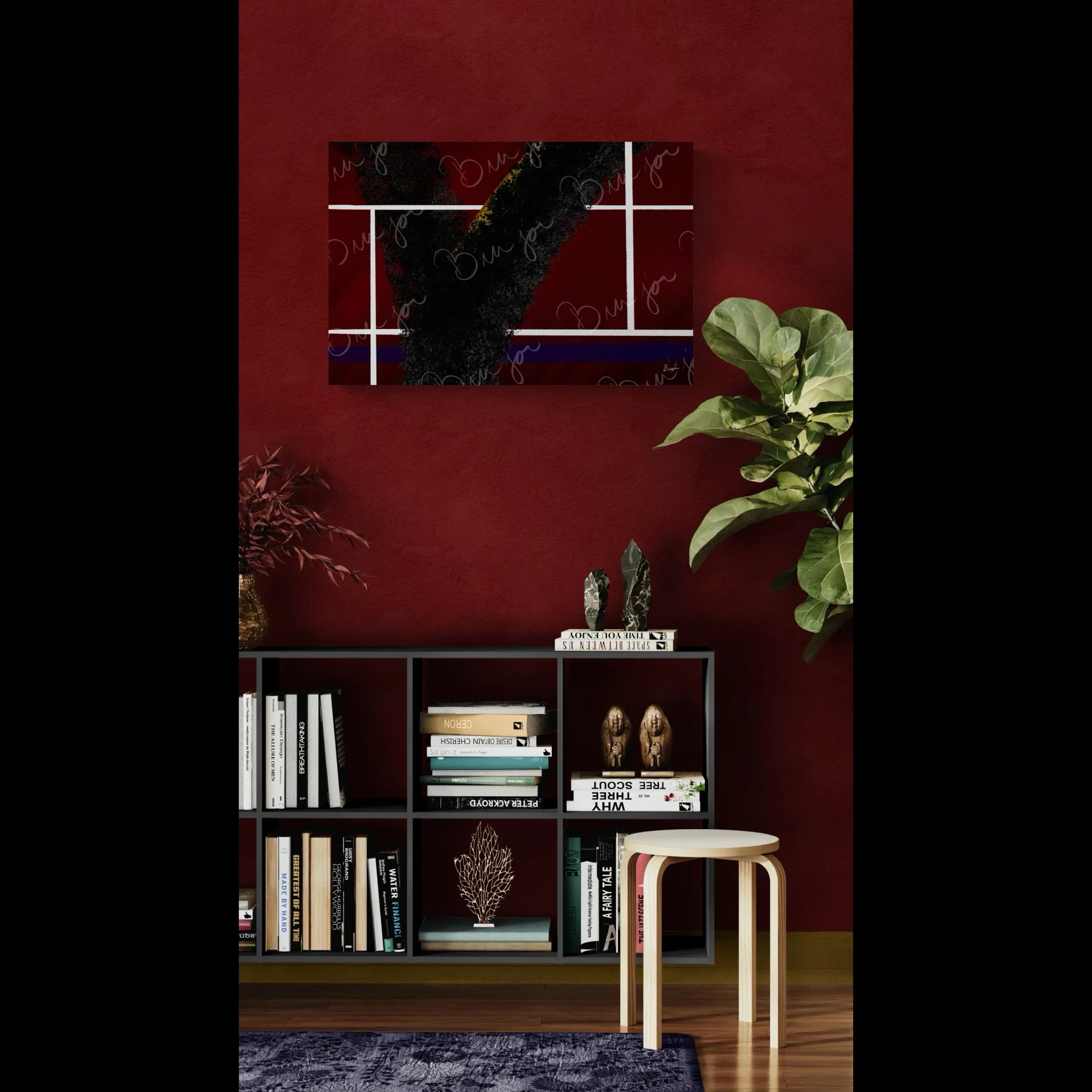 Canvas Abstract artwork titled Step Out designed by the digital abstract artist Bra'jor. Artwork includes the colors Red, White, Black, Yellow, and Blue