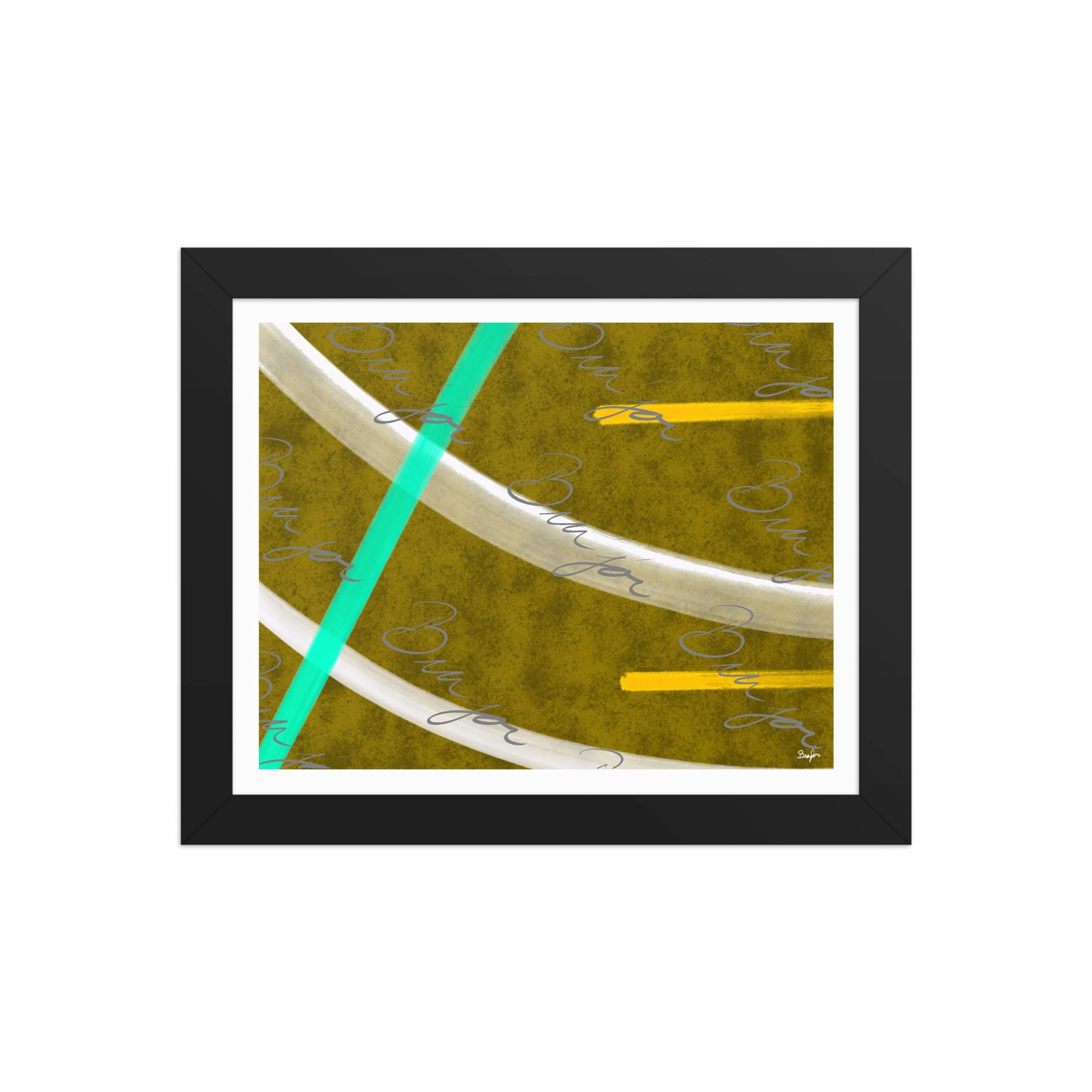 8x10 Black Framed Abstract artwork titled Hushed designed by the digital abstract artist Bra'jor. Artwork includes the colors Orange, Yellow, White, and Blue