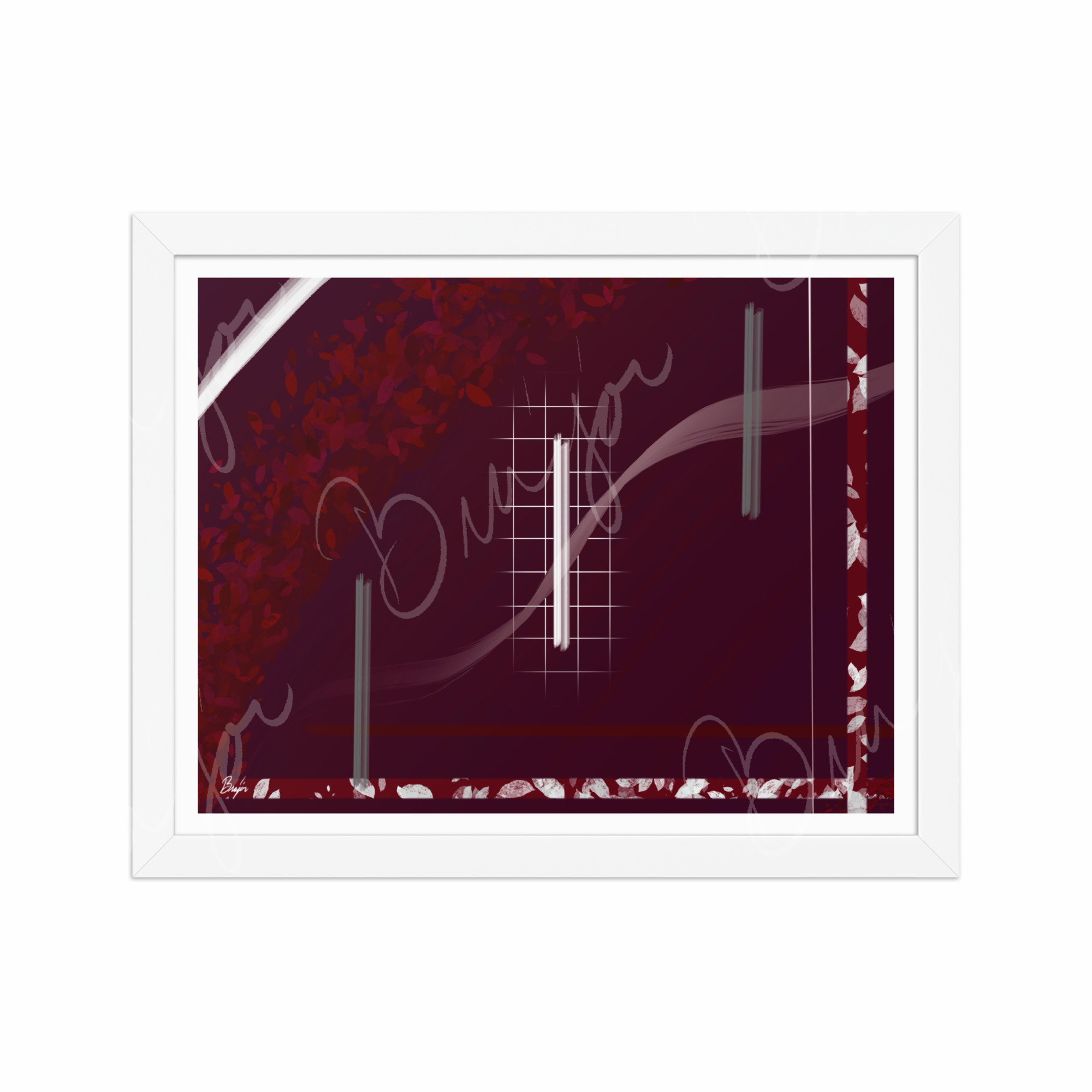 11x14 White Framed Abstract artwork titled Shine designed by the digital abstract artist Bra'jor. Artwork includes the colors Red, Gray, Maroon, White, and Soft Pink