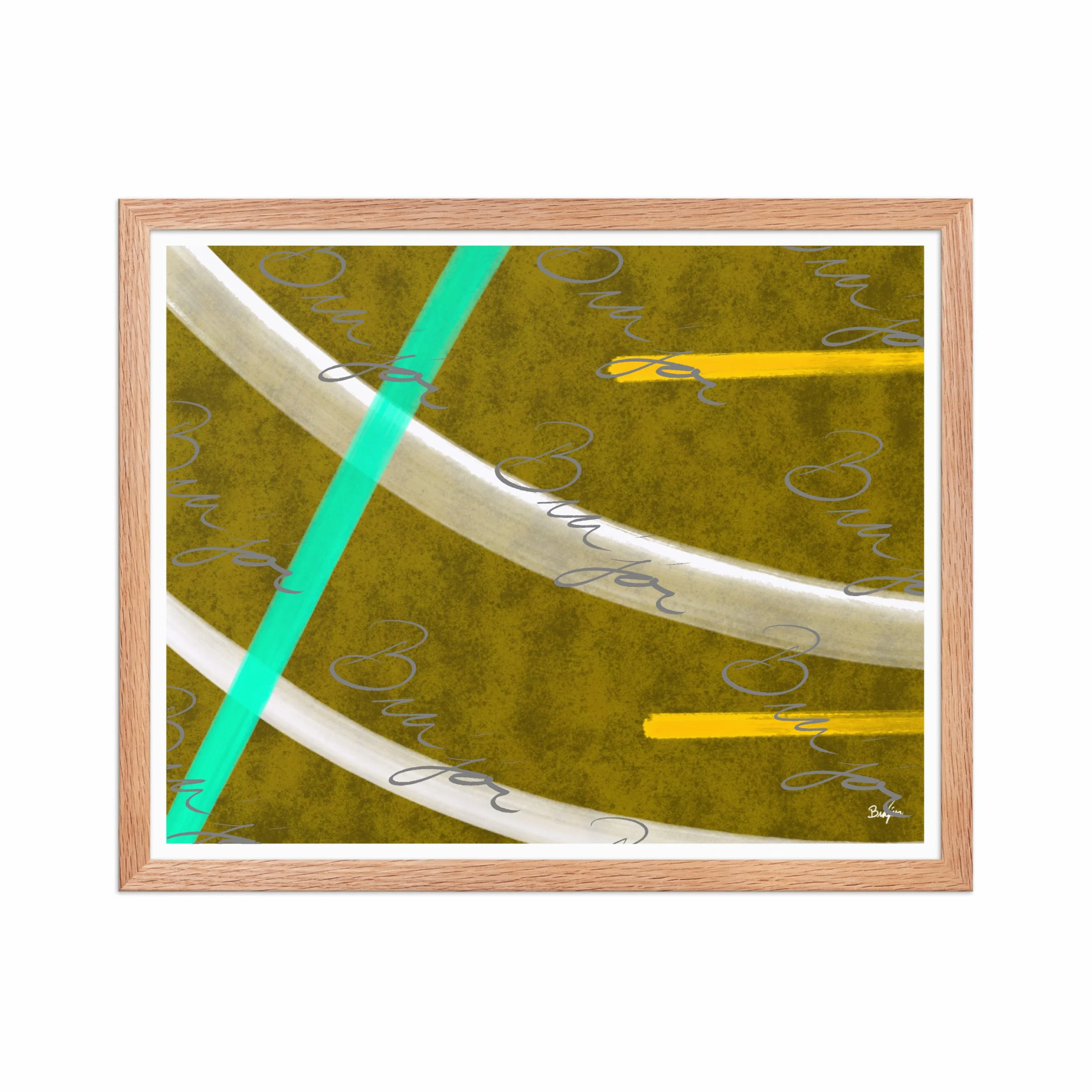 16x20 Red Oak Framed Abstract artwork titled Hushed designed by the digital abstract artist Bra'jor. Artwork includes the colors Orange, Yellow, White, and Blue
