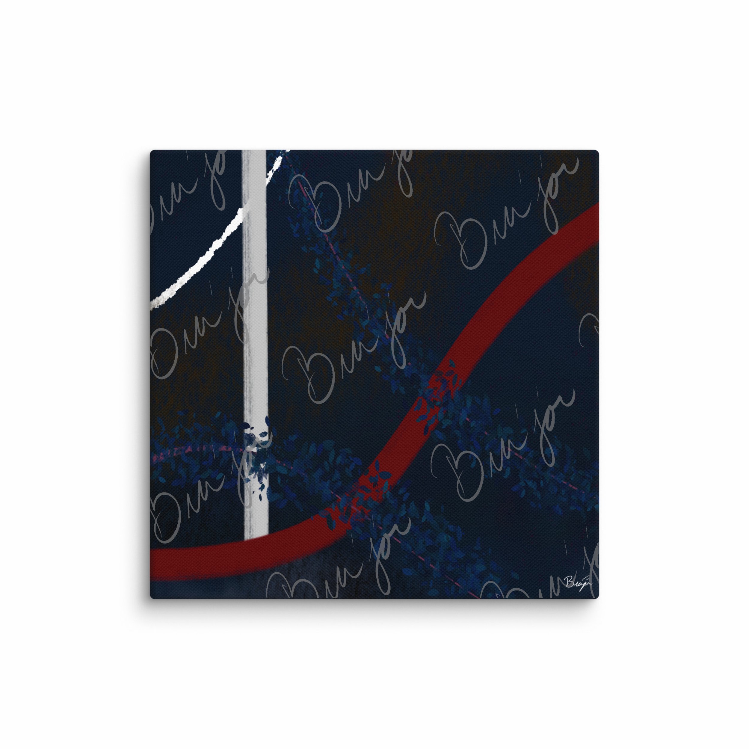 12x12 Canvas abstract artwork titled Gloomy II designed by the digital abstract artist Bra'jor. Artwork includes the colors Blue, Red, White, Pink, and Black