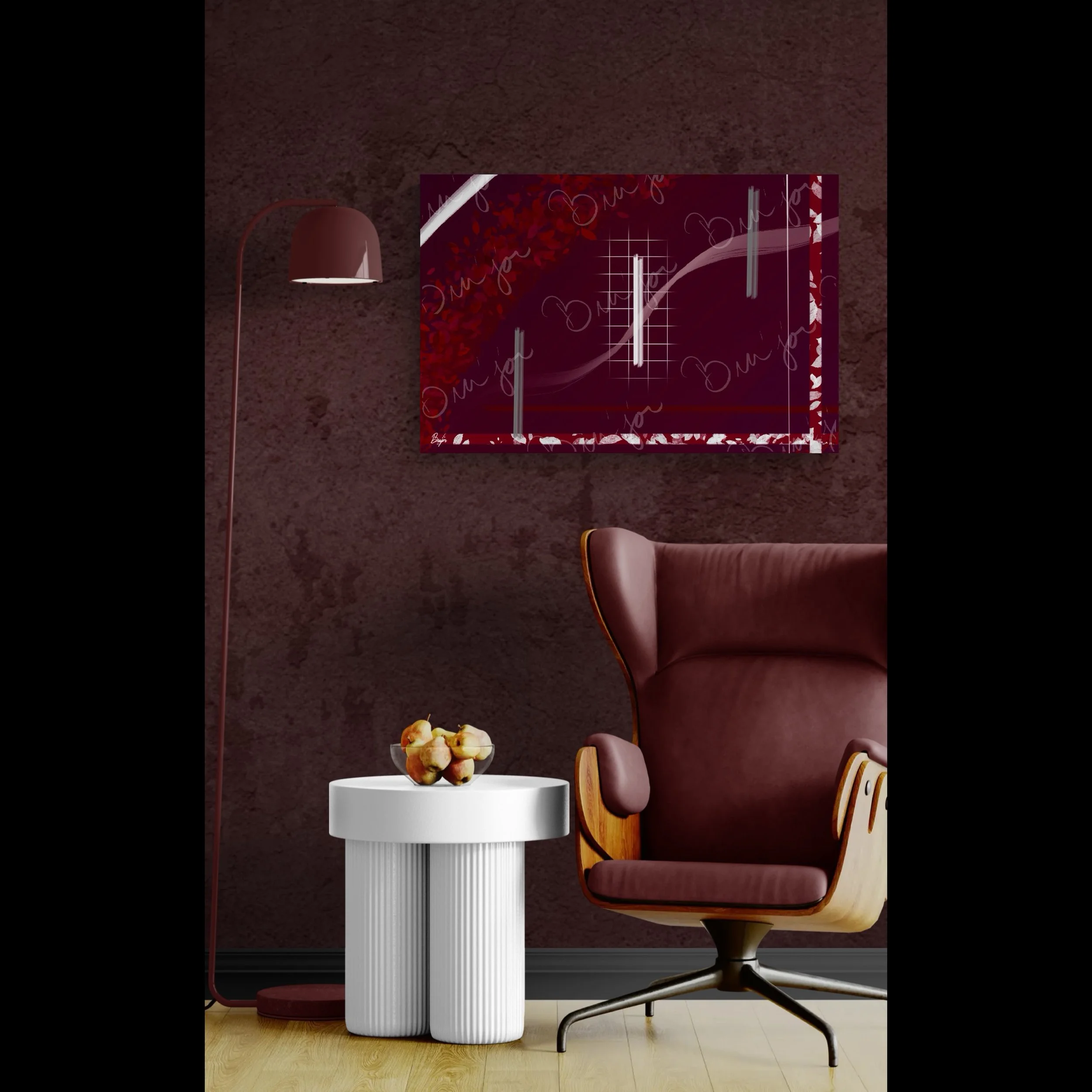 Canvas Abstract artwork titled Shine designed by the digital abstract artist Bra'jor. Artwork includes the colors Red, Gray, Maroon, White, and Soft Pink