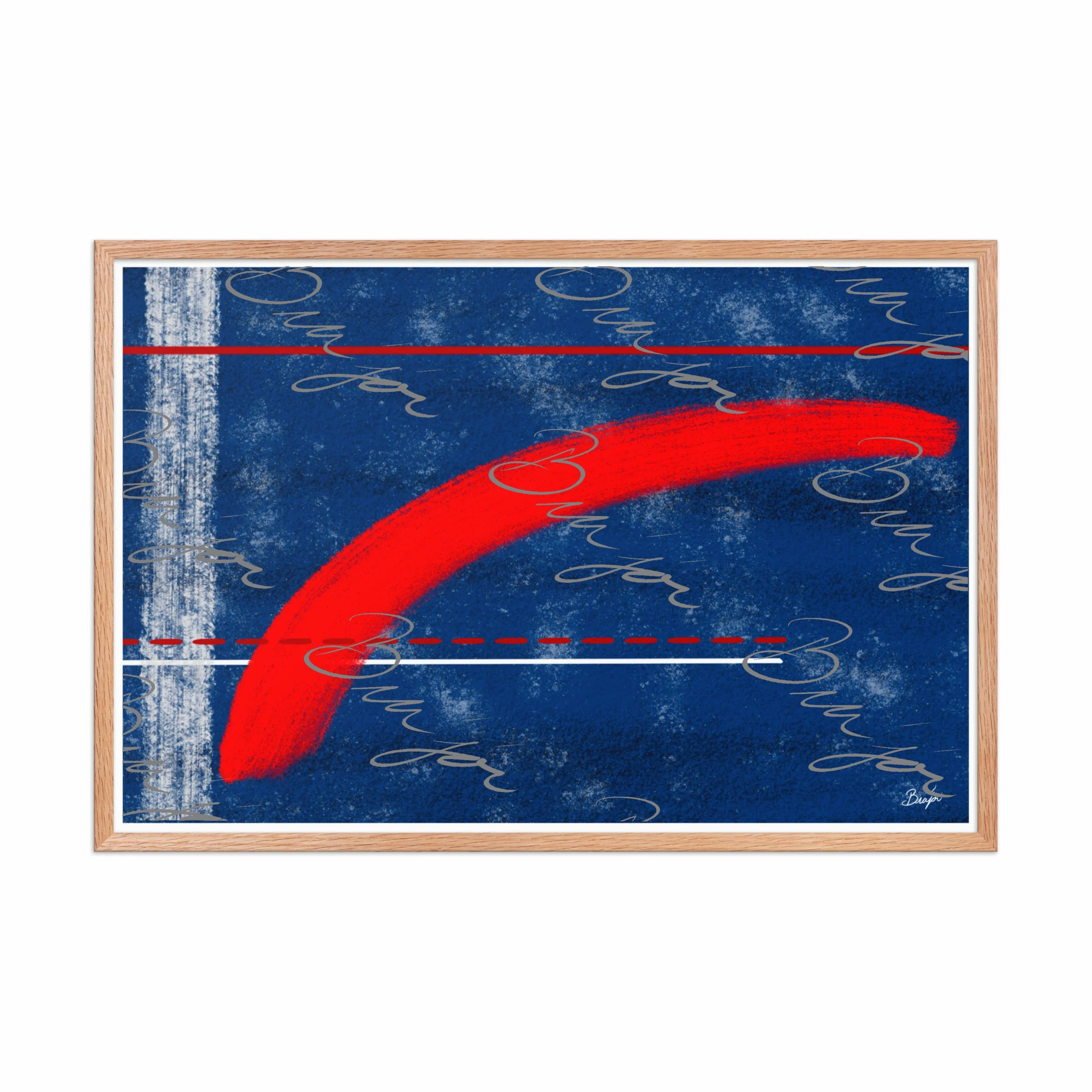 24x36 Red Oak Framed abstract artwork titled Be Bold designed by the digital abstract artist Bra'jor. Artwork includes the colors Blue, White, and Red