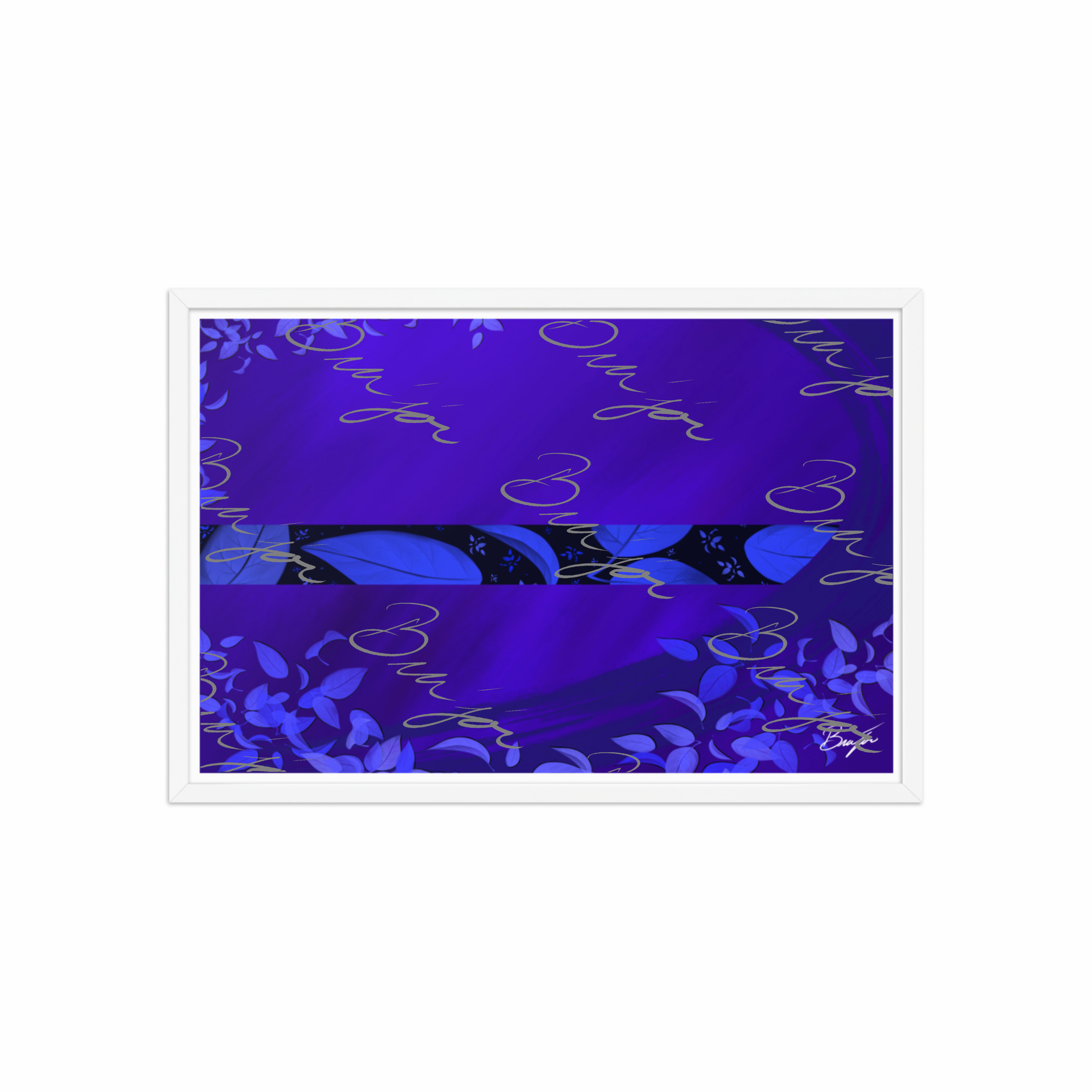 20x30 White Framed abstract artwork titled A Moment designed by the digital abstract artist Bra'jor. Artwork includes the colors Blue, Black, and Purple