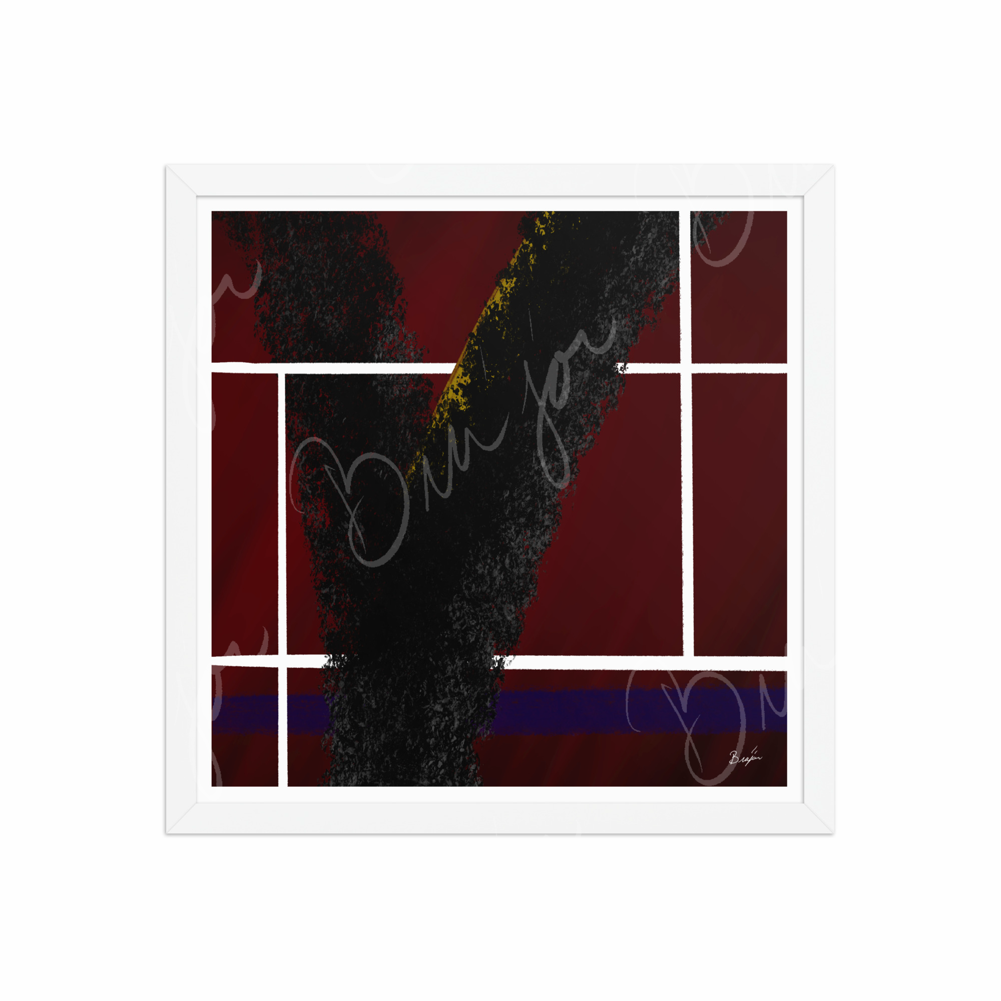 16x16 White Framed Abstract artwork titled Step Out designed by the digital abstract artist Bra'jor. Artwork includes the colors Red, White, Black, Yellow, and Blue