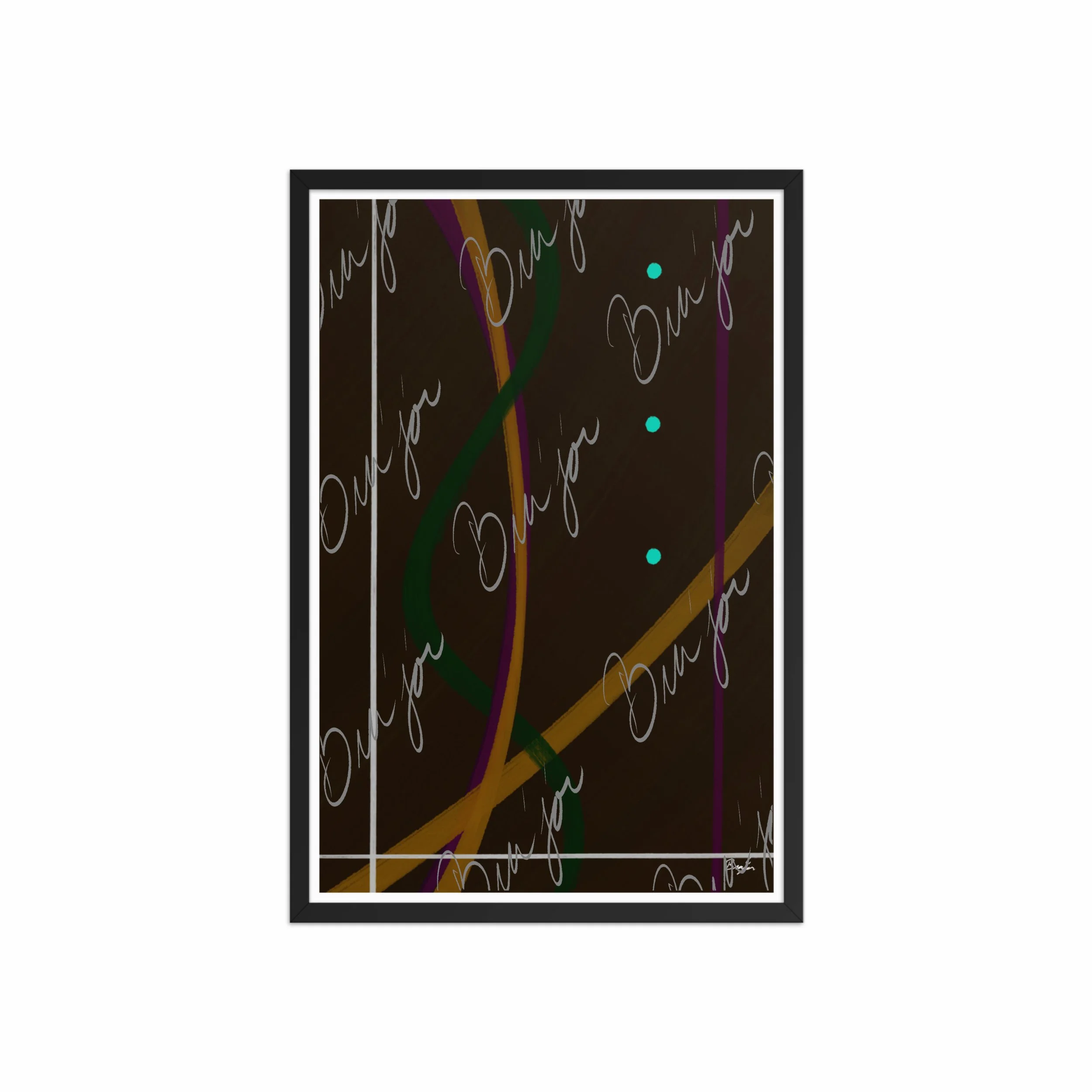 20x30 Black Framed Abstract artwork titled Button Up designed by the digital abstract artist Bra'jor. Artwork includes the colors Orange, Purple, Green, White, and Brown