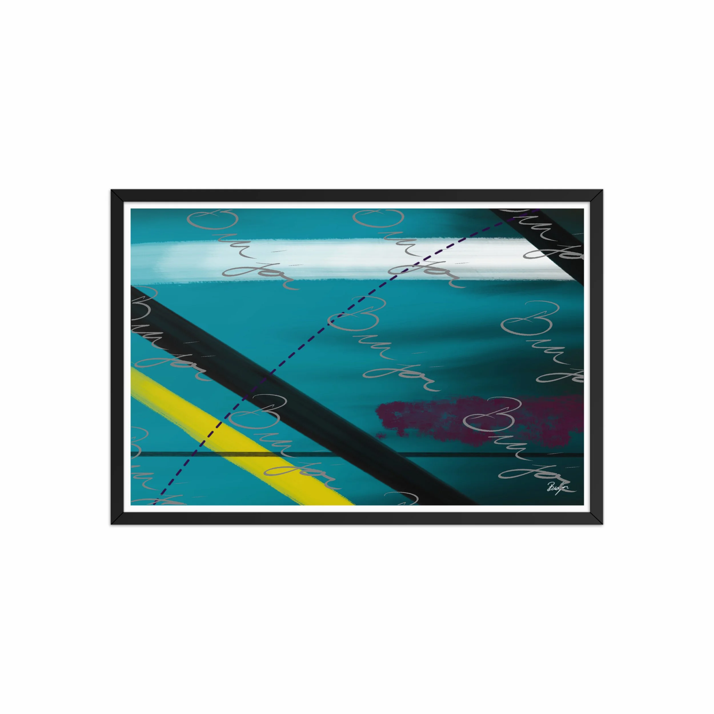 20x30 Black Framed Abstract artwork titled First designed by the digital abstract artist Bra'jor. Artwork includes the colors Blue, Yellow, Black, Purple, and White