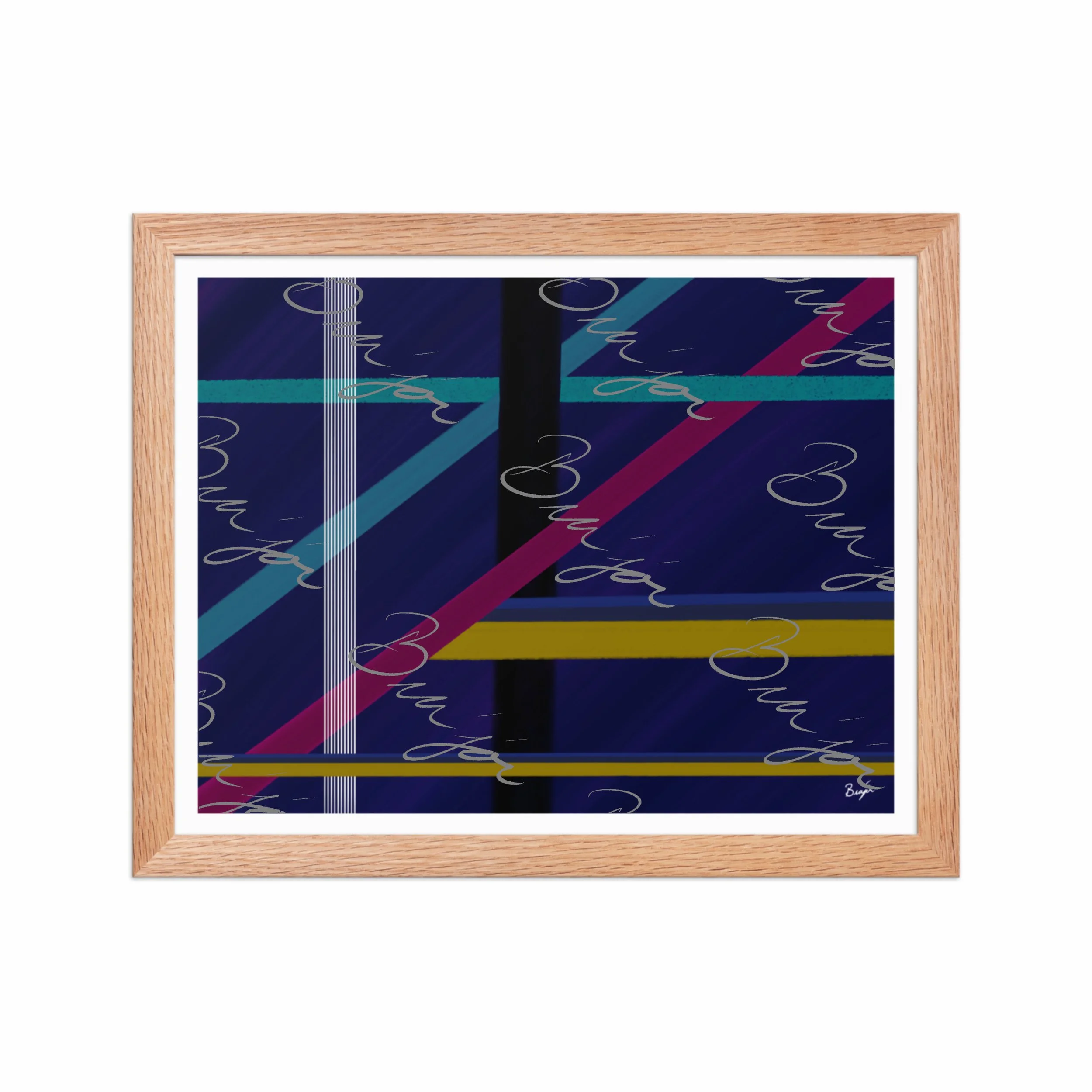 11x14 Red Oak Framed Abstract artwork titled Destinations designed by the digital abstract artist Bra'jor. Artwork includes the colors Black, Blue, Yellow, Pink, and White