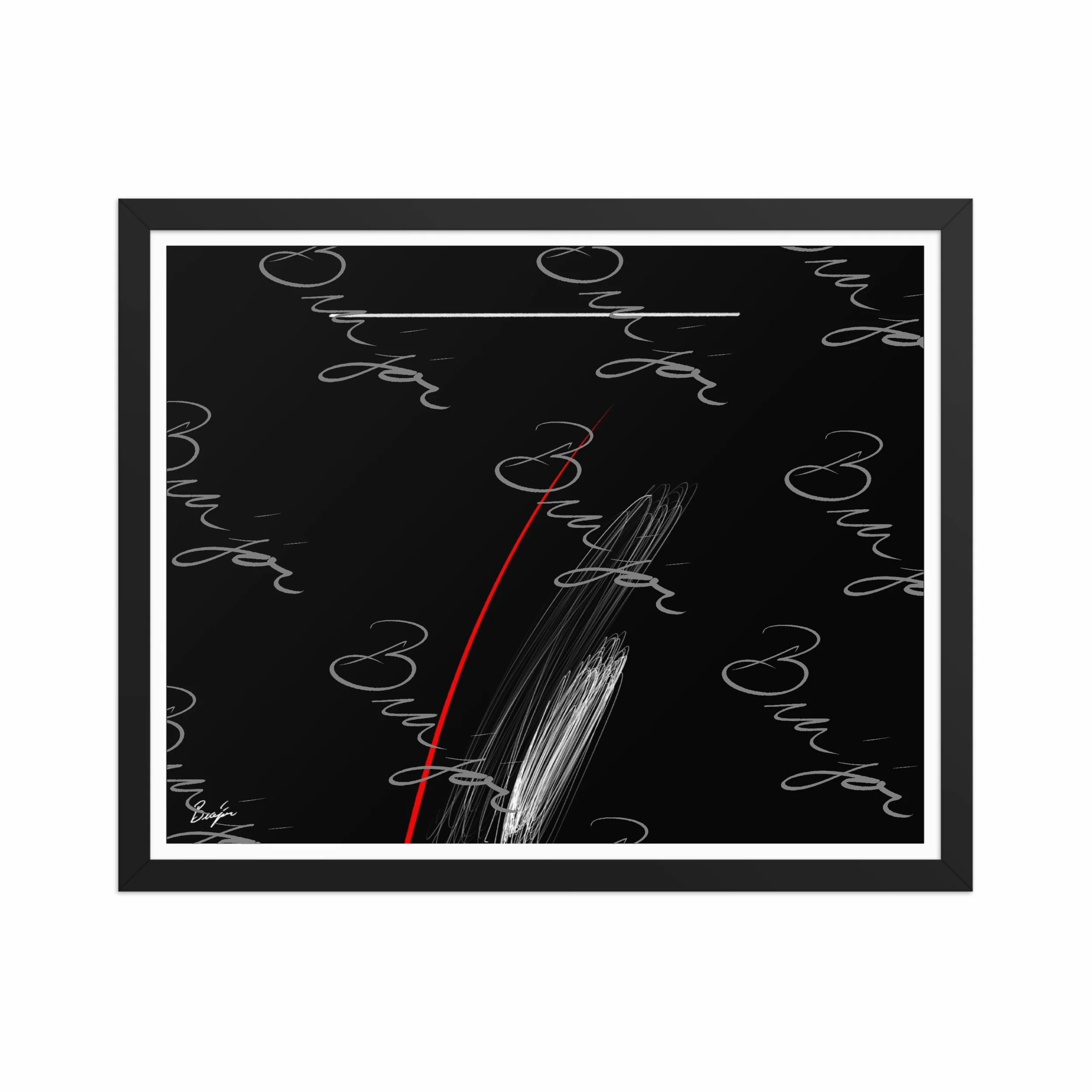 16x20 Black Framed Self Titled Abstract artwork ‘Bra’jor’ designed by the digital abstract artist Bra'jor. Artwork includes the colors Black, Red, and White