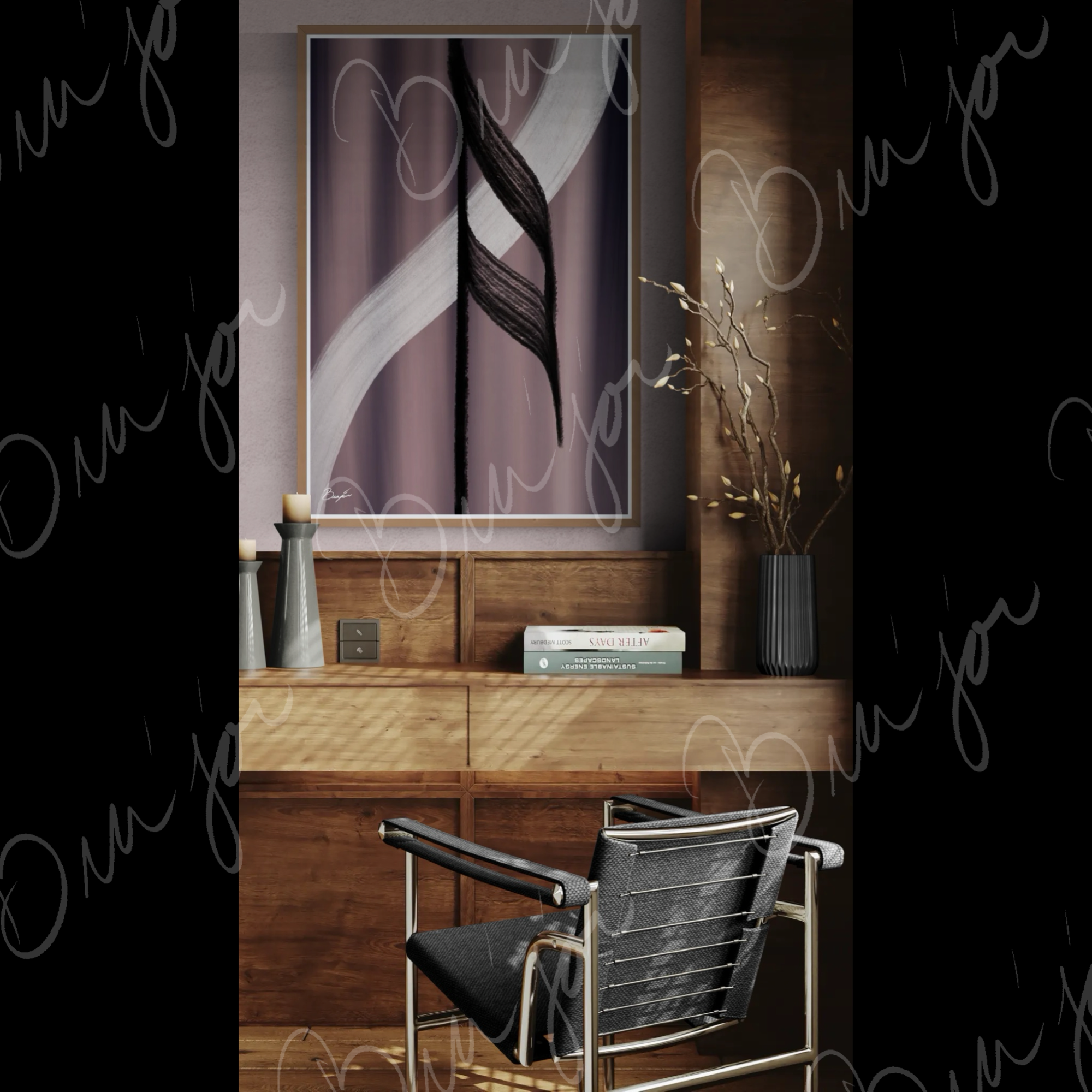 Framed Abstract artwork titled A Beat designed by the digital abstract artist Bra'jor. Artwork includes the colors Black, White, Gray, violet, and Mauve