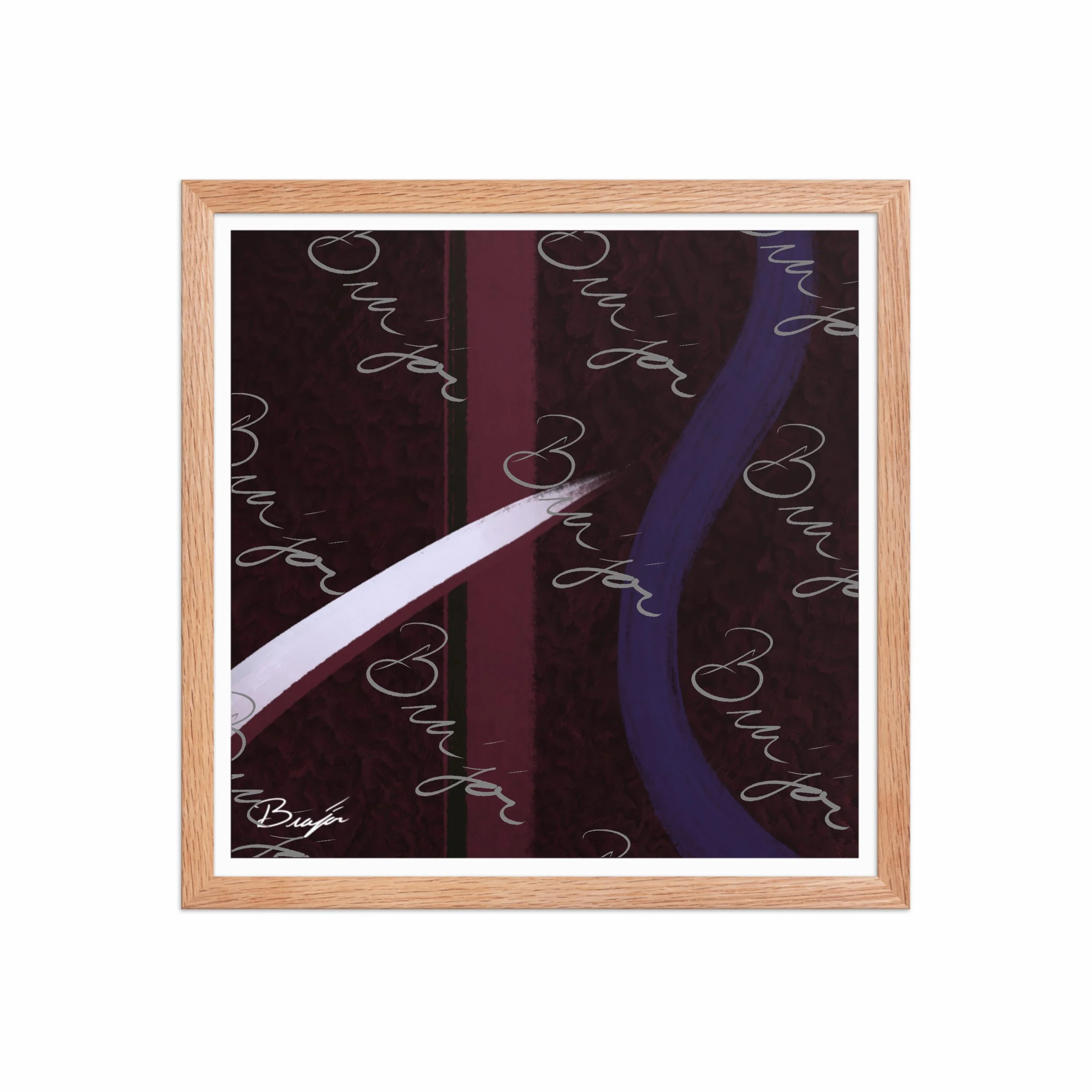 16x16 Red Oak Framed abstract artwork titled The Walk designed by the digital abstract artist Bra'jor. Artwork includes the colors Maroon, Black, Purple, and White