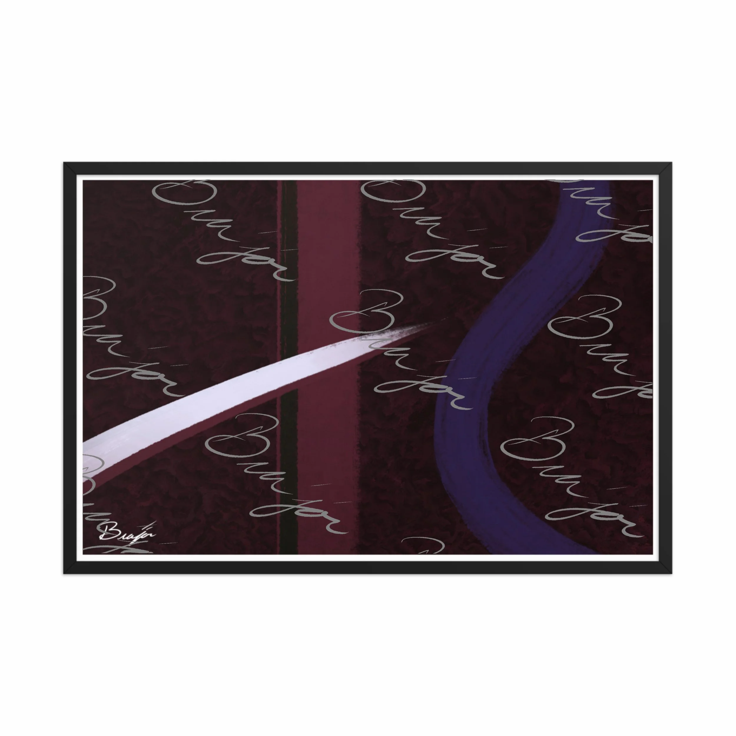 24x36 Black Framed abstract artwork titled The Walk designed by the digital abstract artist Bra'jor. Artwork includes the colors Maroon, Black, Purple, and White