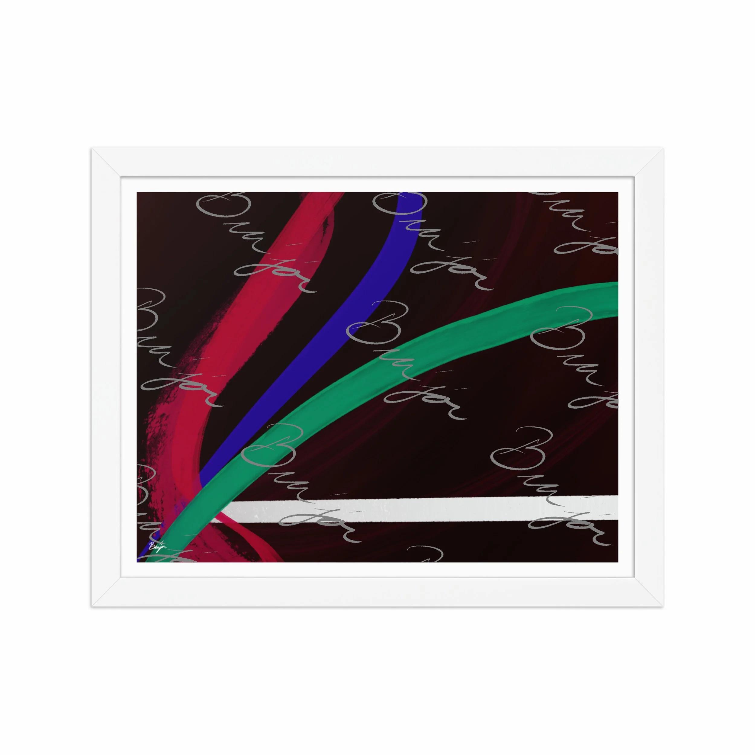11x14 White Framed Abstract artwork titled Journey designed by the digital abstract artist Bra'jor. Artwork includes the colors Red, White, Green, and Blue