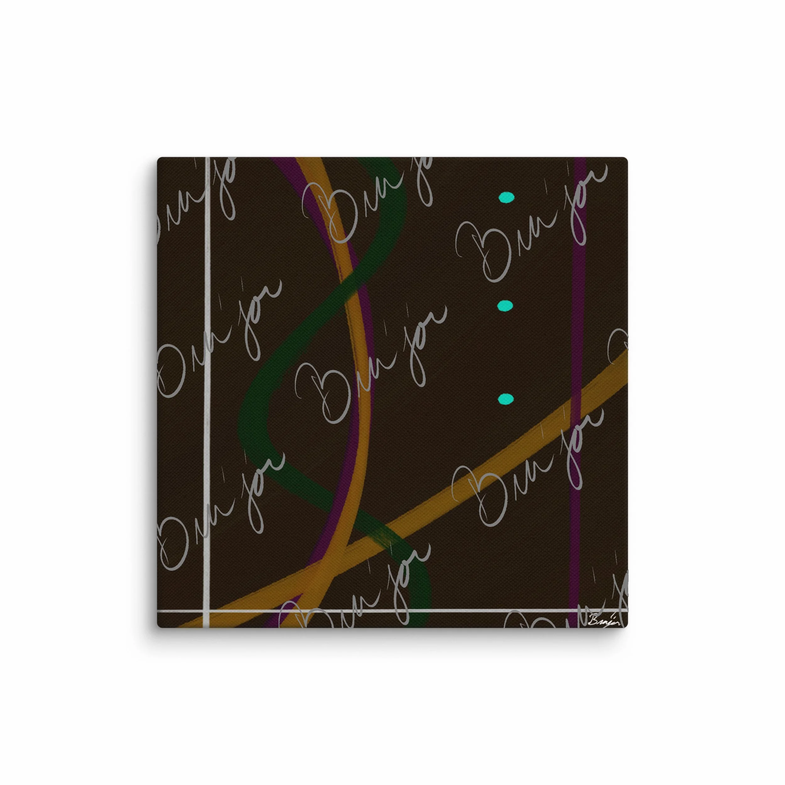16x16 Canvas Abstract artwork titled Button Up designed by the digital abstract artist Bra'jor. Artwork includes the colors Orange, Purple, Green, White, and Brown