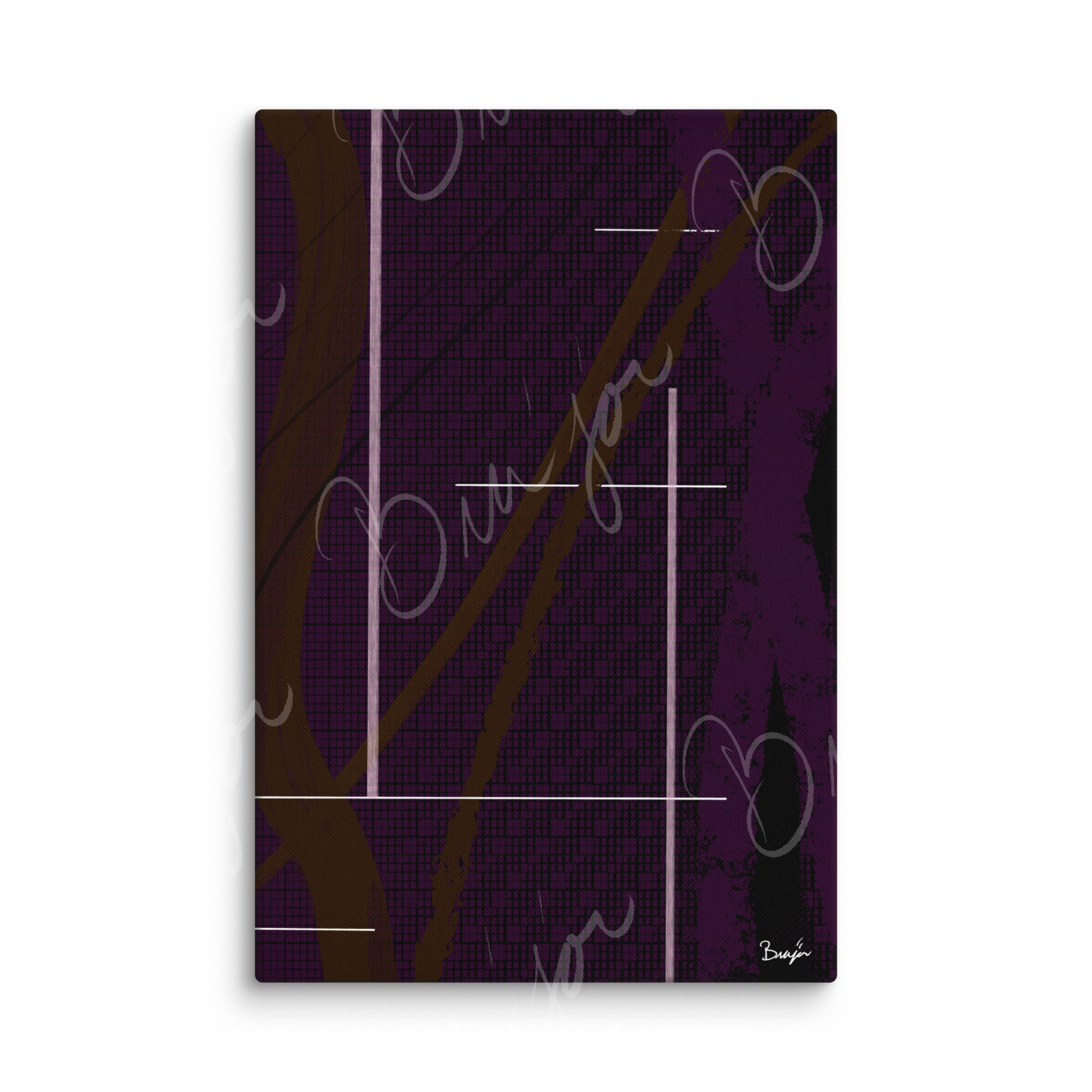 20x30 canvas Abstract artwork titled Out of the Box designed by the digital abstract artist Bra'jor. Artwork includes the colors Purple, Brown, Black, and White
