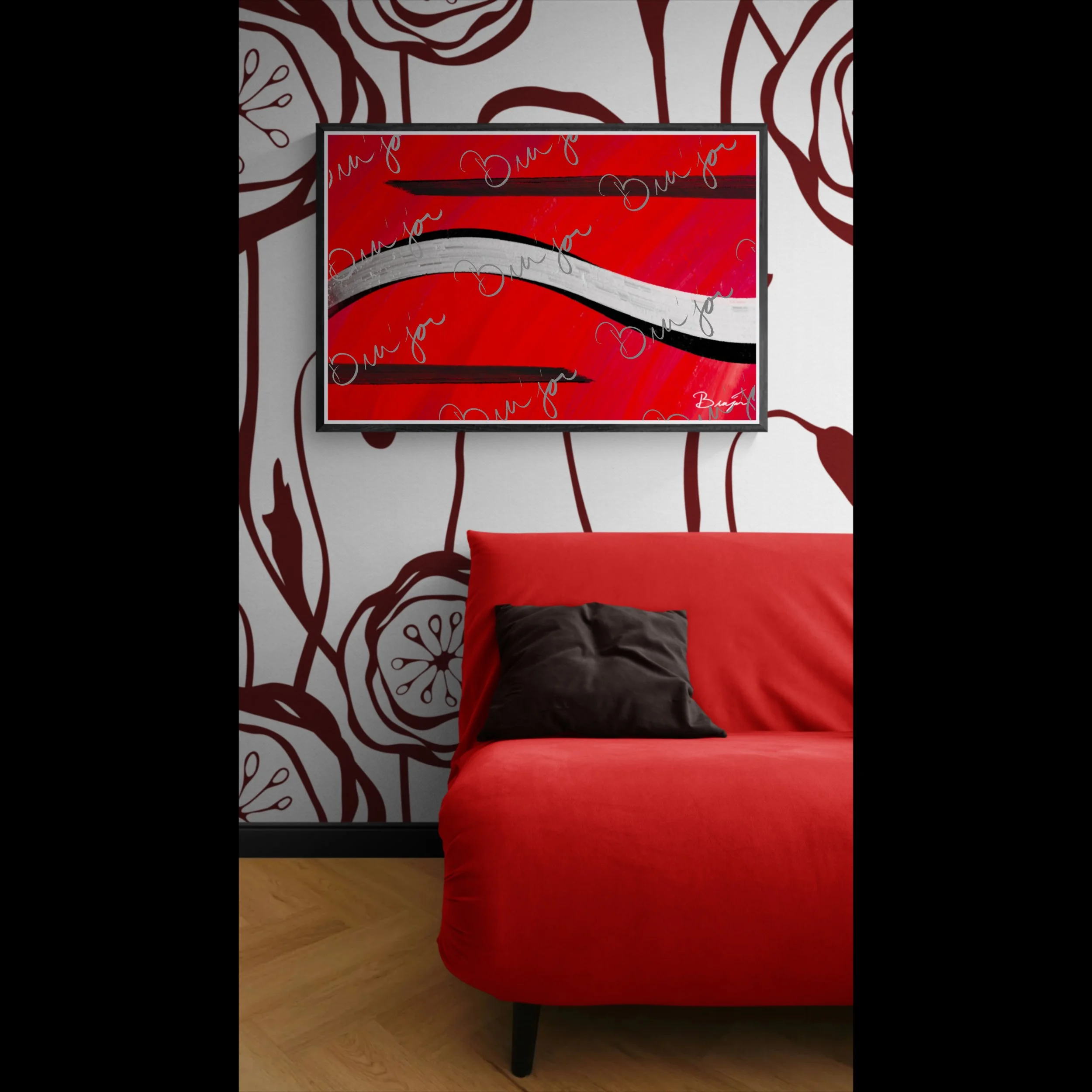 Framed abstract artwork titled Smooth Groove designed by the digital abstract artist Bra'jor. Artwork includes the colors Red, Black, and White
