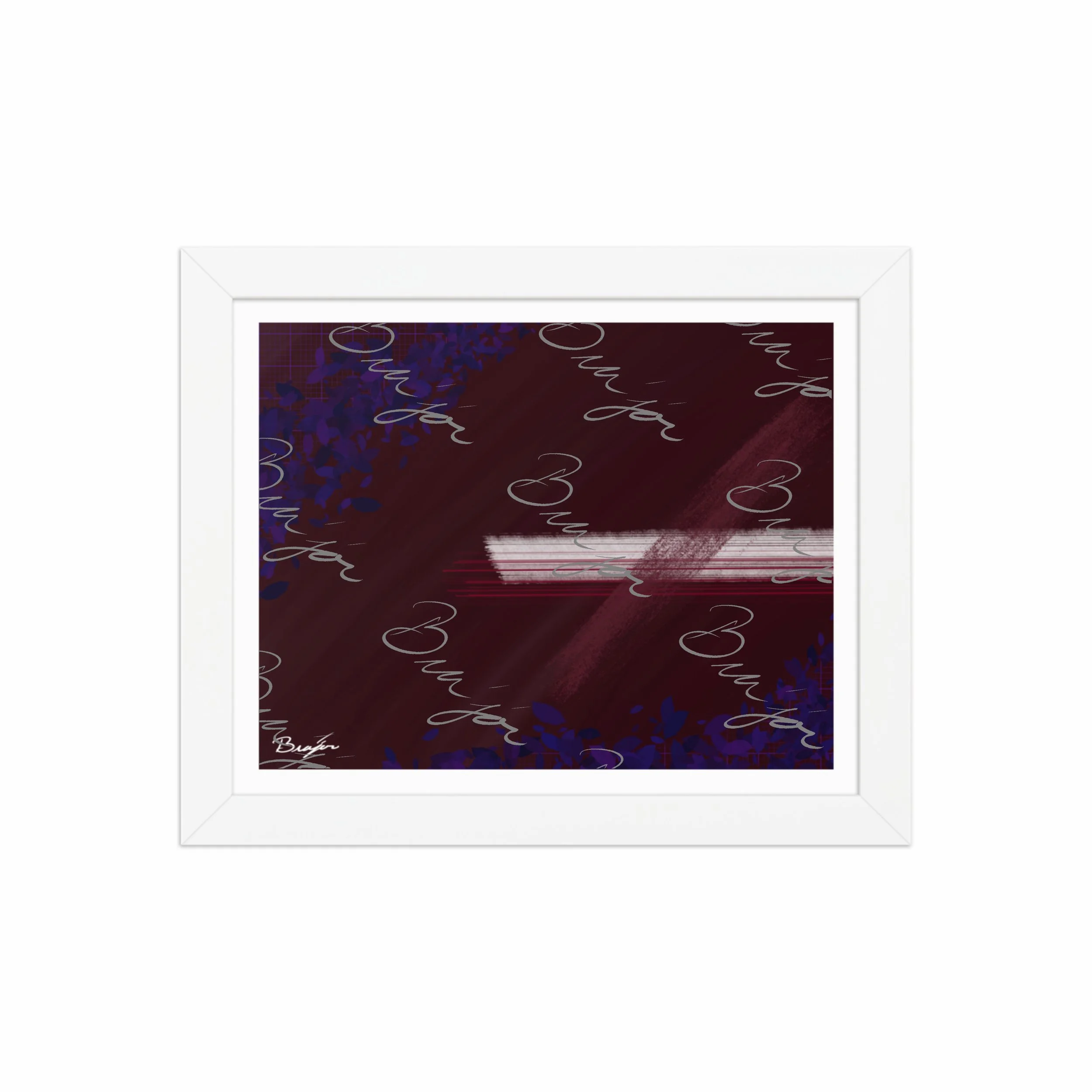 8x10 White framed abstract artwork titled Guarded designed by the digital abstract artist Bra'jor. Artwork includes the colors Maroon, Black, Blue, and White