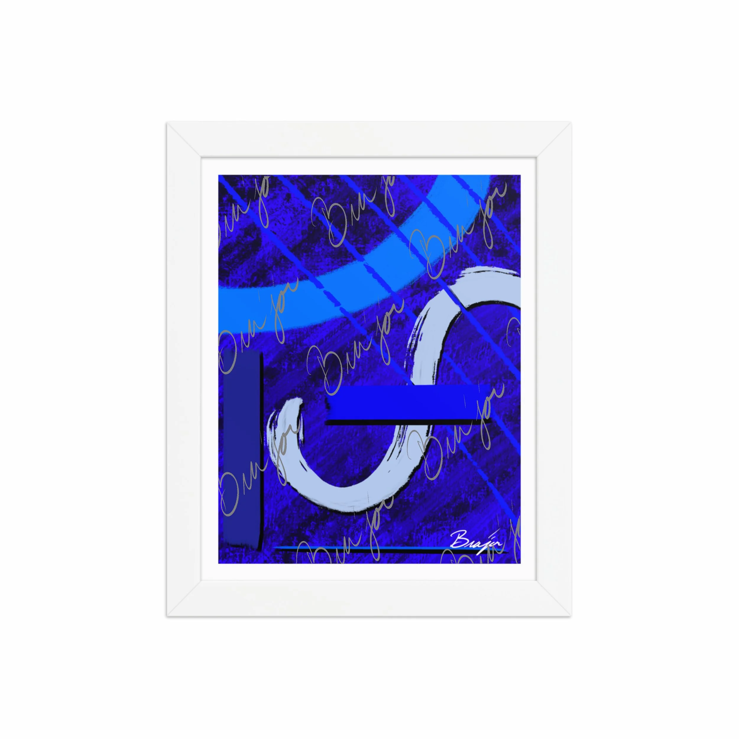 8x10 White Abstract artwork titled Undone designed by the digital abstract artist Bra'jor. Artwork includes the colors Blue, Black, Misty Blue, and Navy
