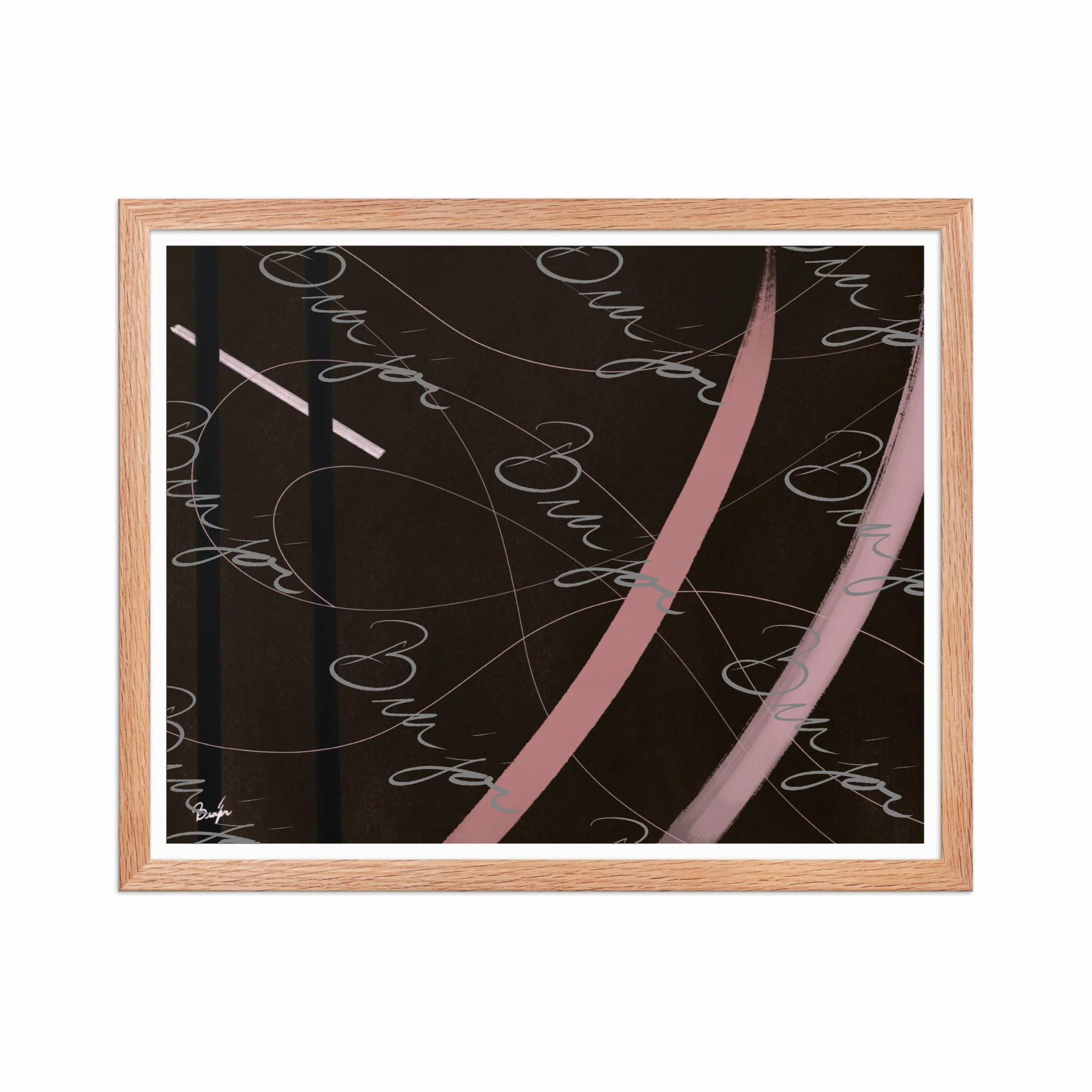 16x20 Red Oak Framed abstract artwork titled Beholder designed by the digital abstract artist Bra'jor. Artwork includes the colors Brown, Pink, Black, and White