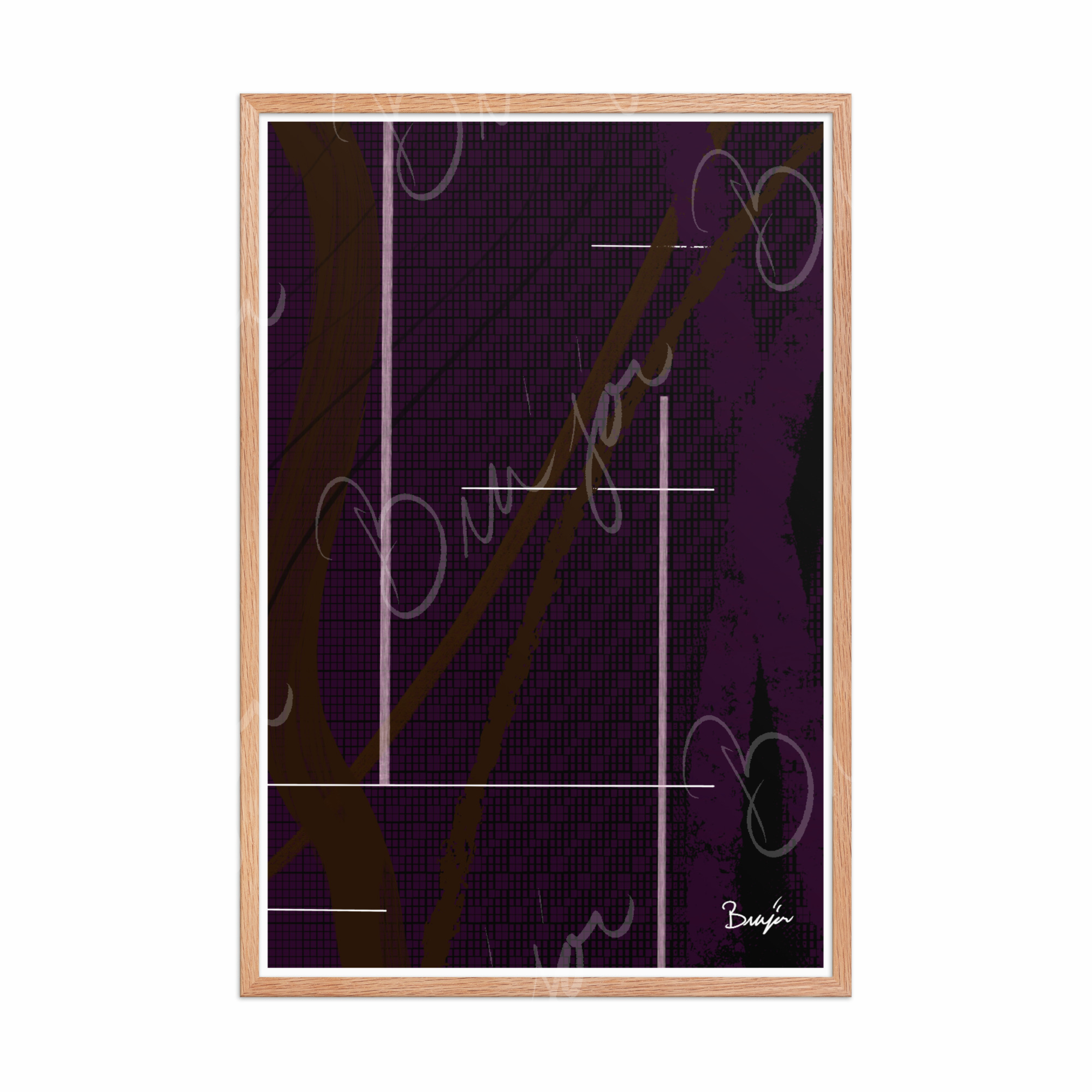 24x36  Red Oak Framed Abstract artwork titled Out of the Box designed by the digital abstract artist Bra'jor. Artwork includes the colors Purple, Brown, Black, and White