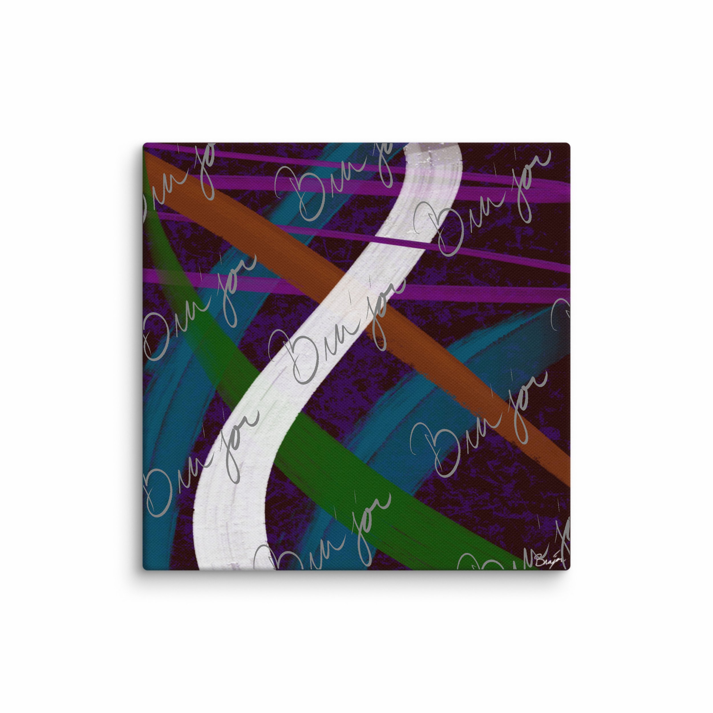 12x12 Canvas abstract artwork titled Adventures designed by the digital abstract artist Bra'jor. Artwork includes the colors Purple, Blue, Orange, and White