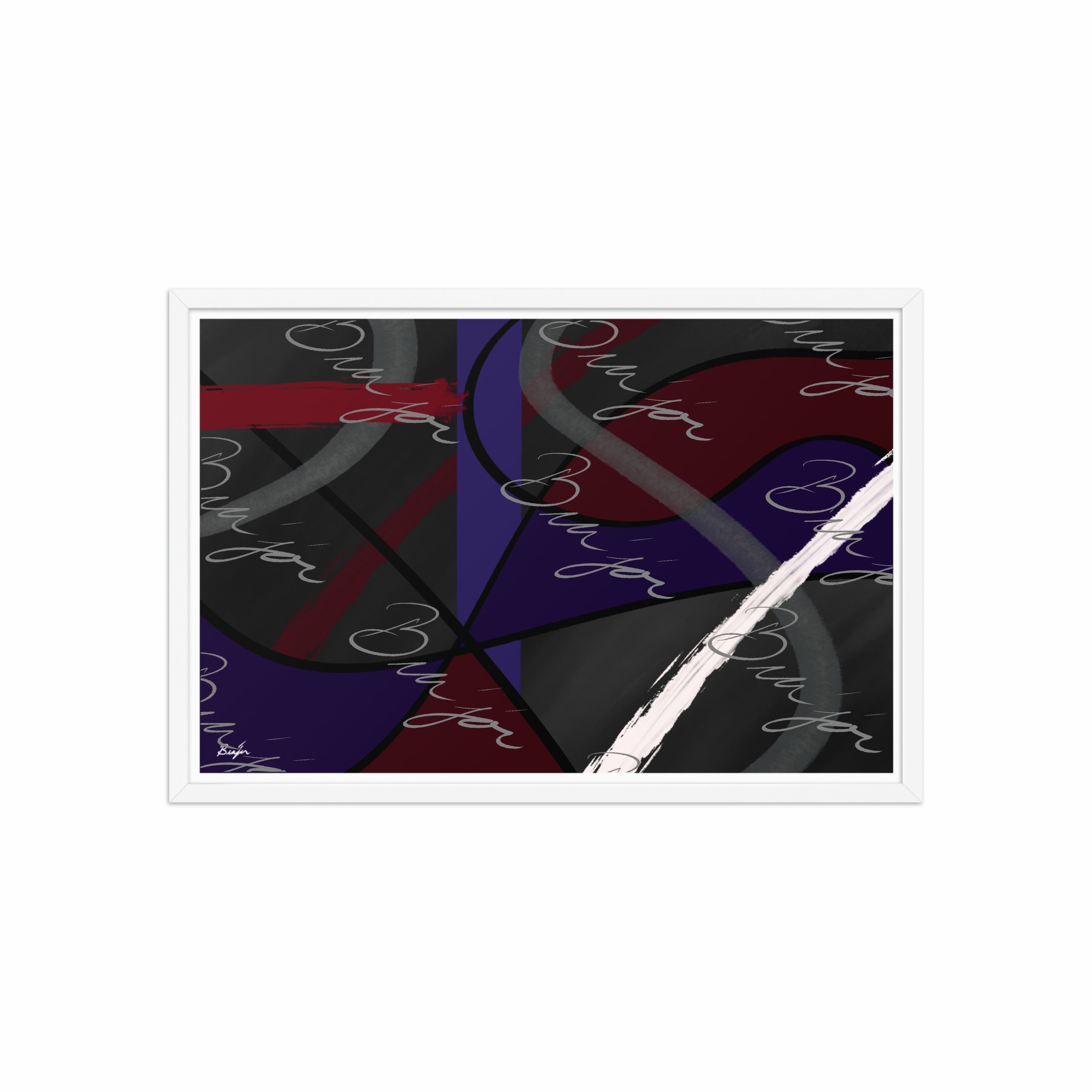 20x30 White Framed Abstract artwork titled Different designed by the digital abstract artist Bra'jor. Artwork includes the colors Purple, Blue, Red, Gray, and Black