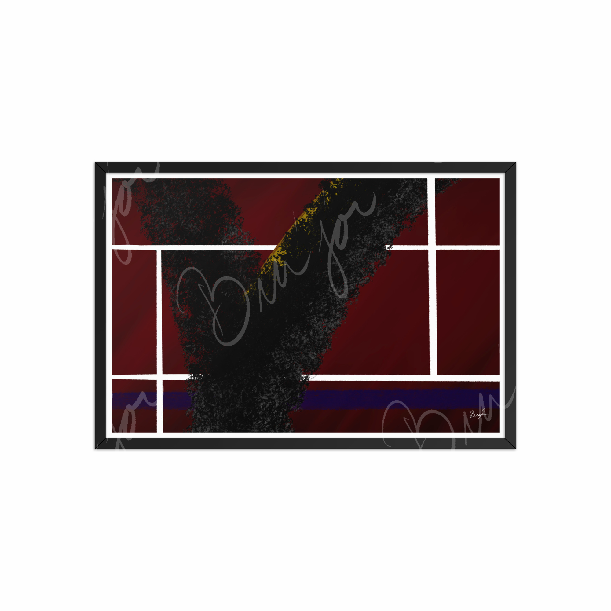 20x30 Black Framed Abstract artwork titled Step Out designed by the digital abstract artist Bra'jor. Artwork includes the colors Red, White, Black, Yellow, and Blue