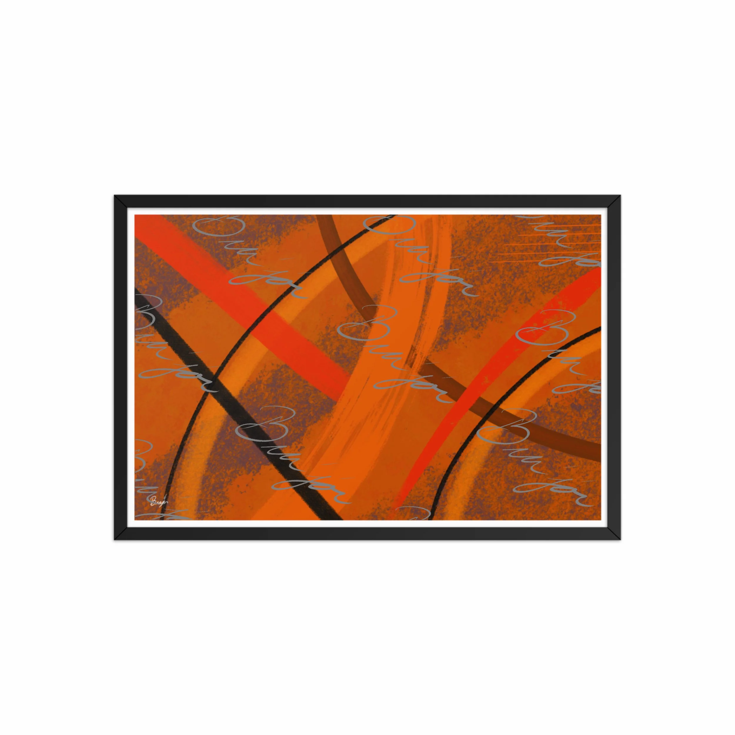 20x30 Black Framed Abstract artwork titled Challenges designed by the digital abstract artist Bra'jor. Artwork includes the colors Orange, Brown, Blue, and Black