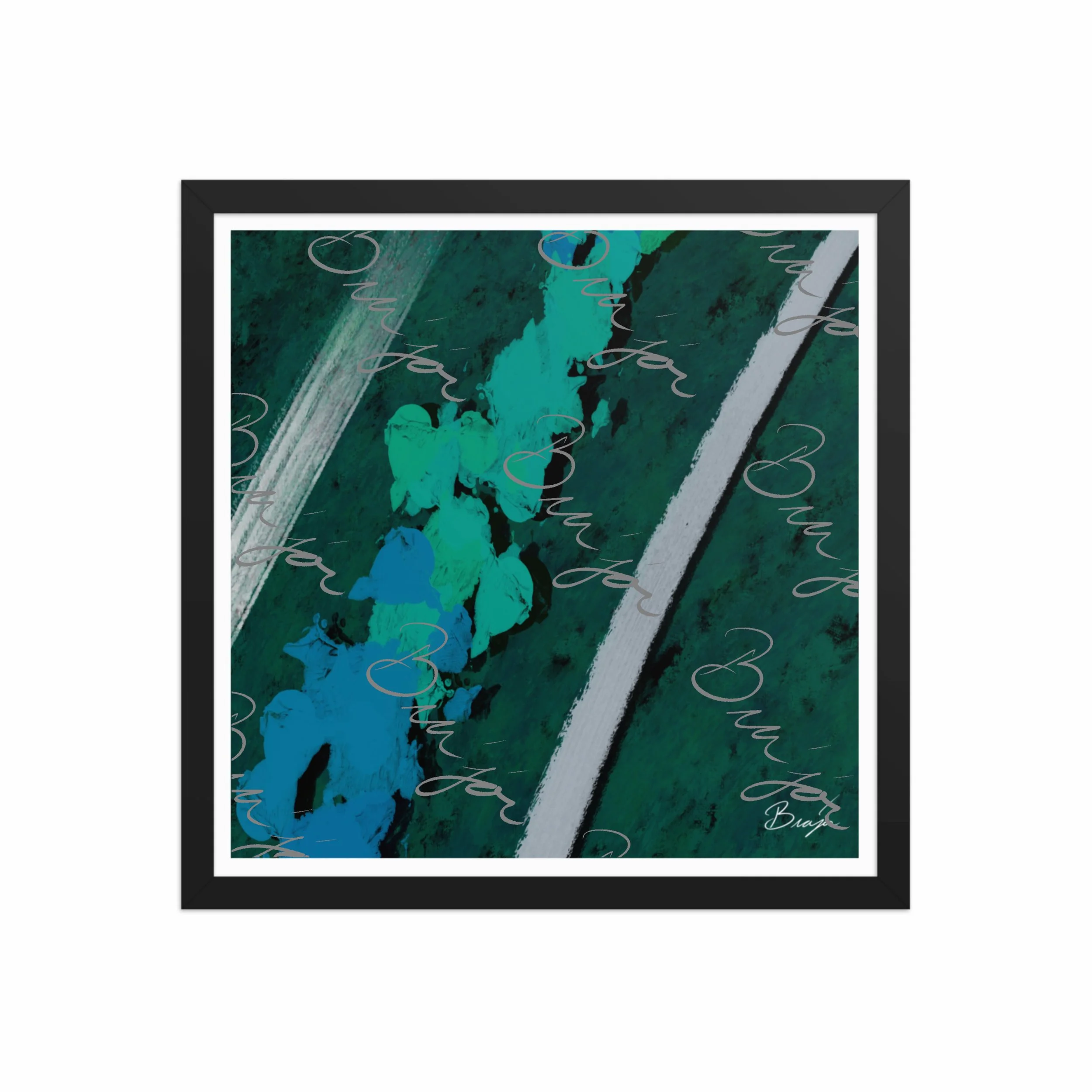 16x16 Black Framed abstract artwork titled Breathe designed by the digital abstract artist Bra'jor. Artwork includes the colors Green, Blue, Black, and White