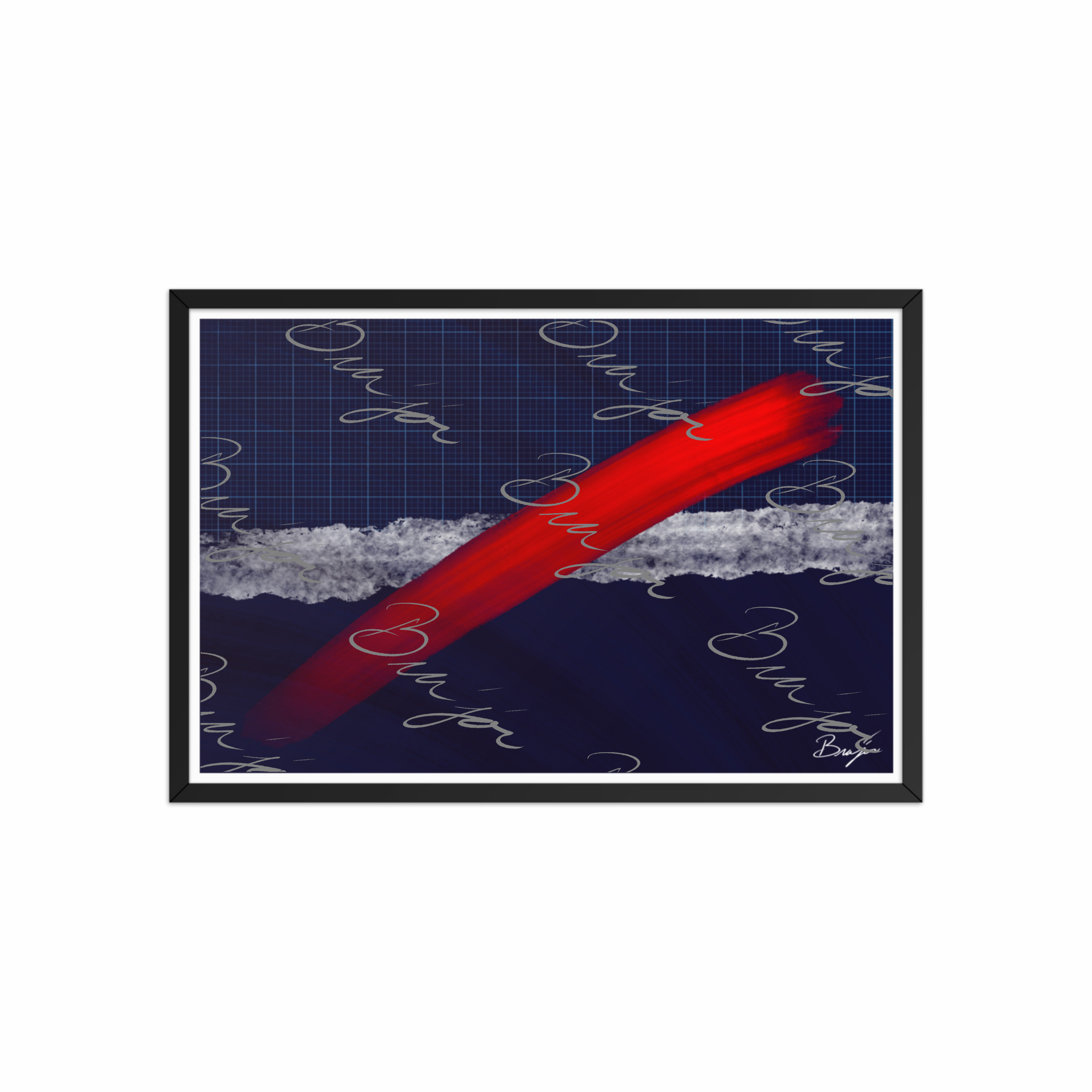20x30 Black Framed abstract artwork titled Strike designed by the digital abstract artist Bra'jor. Artwork includes the colors Red, Blue, white, and Gray
