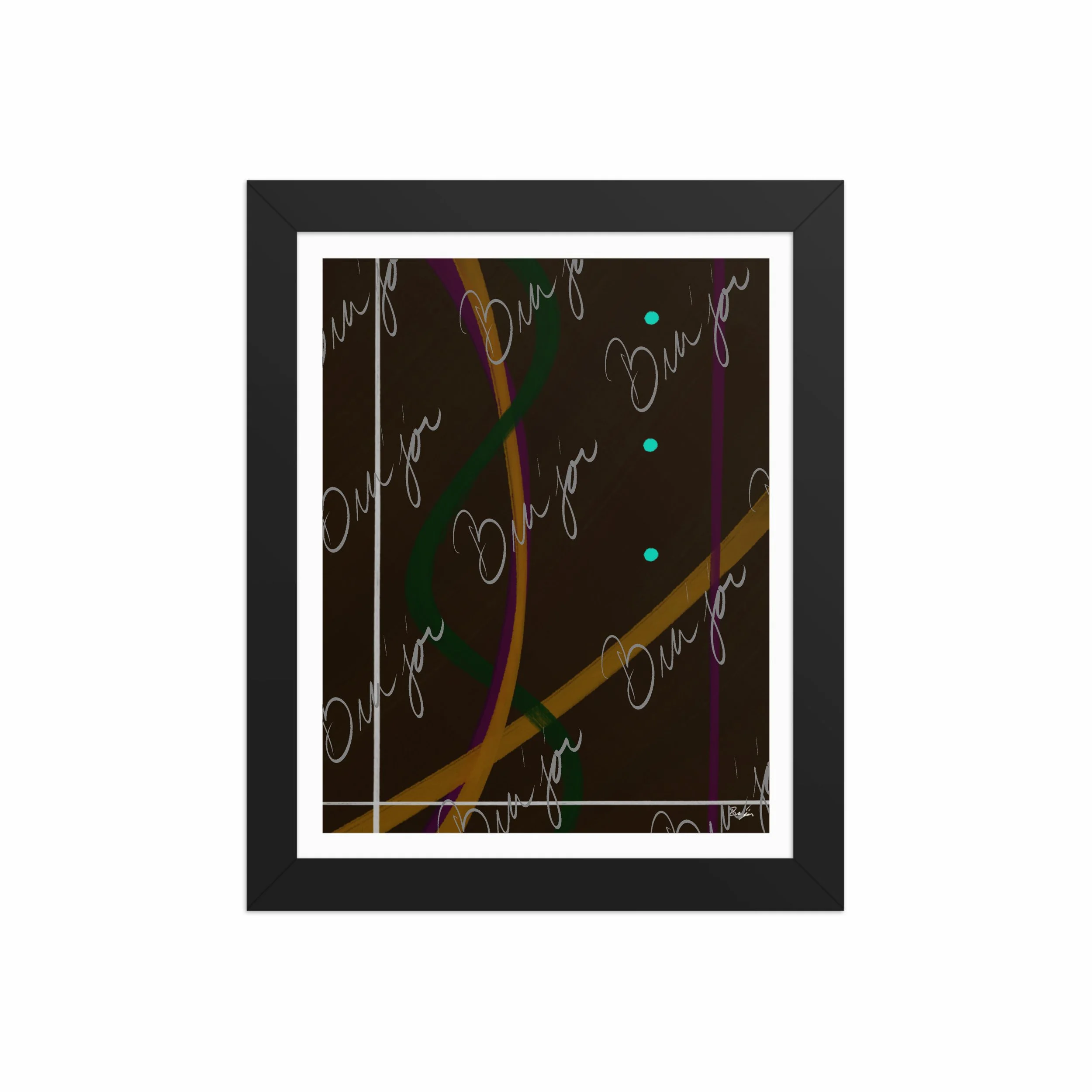 8x10 Black Framed Abstract artwork titled Button Up designed by the digital abstract artist Bra'jor. Artwork includes the colors Orange, Purple, Green, White, and Brown