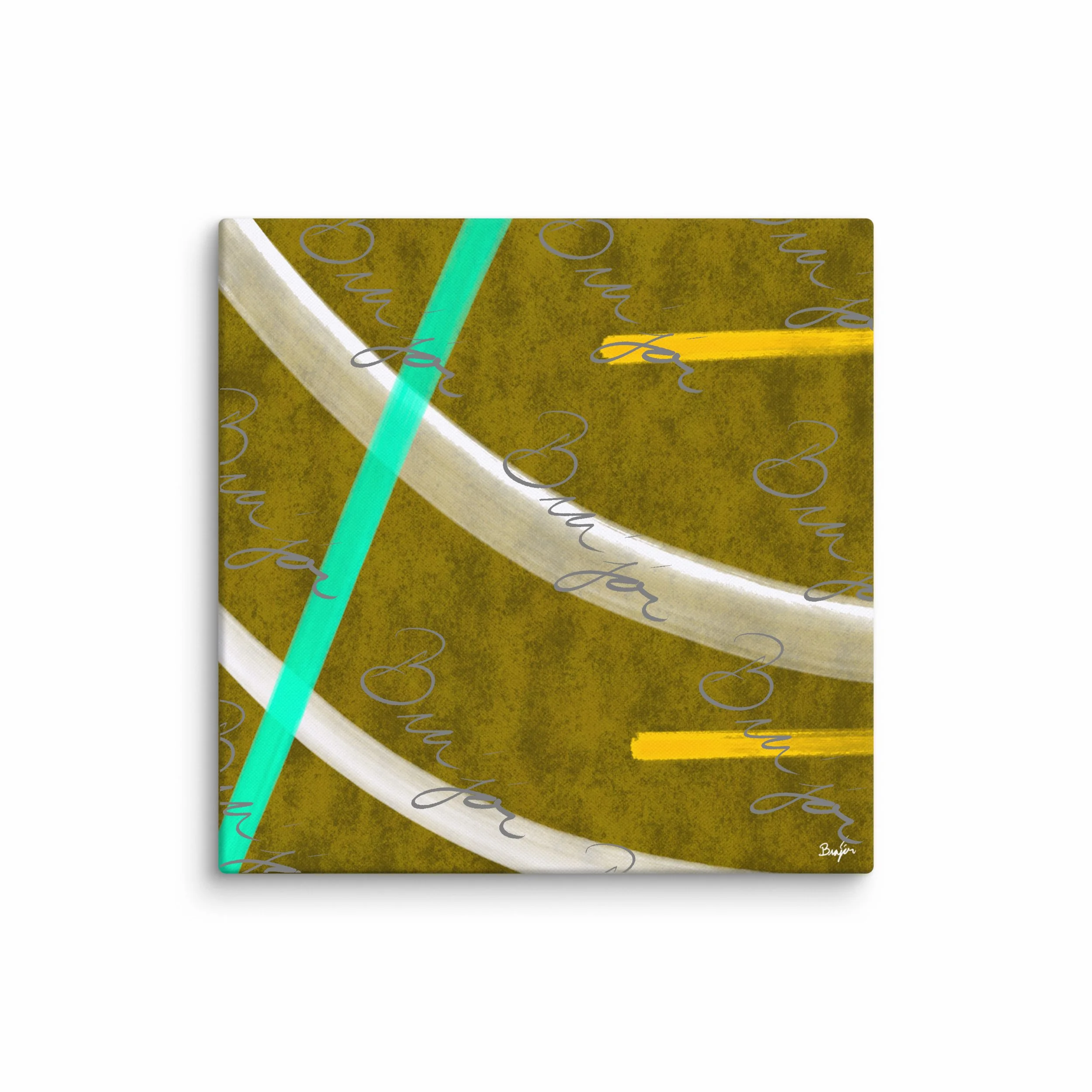 37x37 XL Canvas Abstract artwork titled Hushed designed by the digital abstract artist Bra'jor. Artwork includes the colors Orange, Yellow, White, and Blue