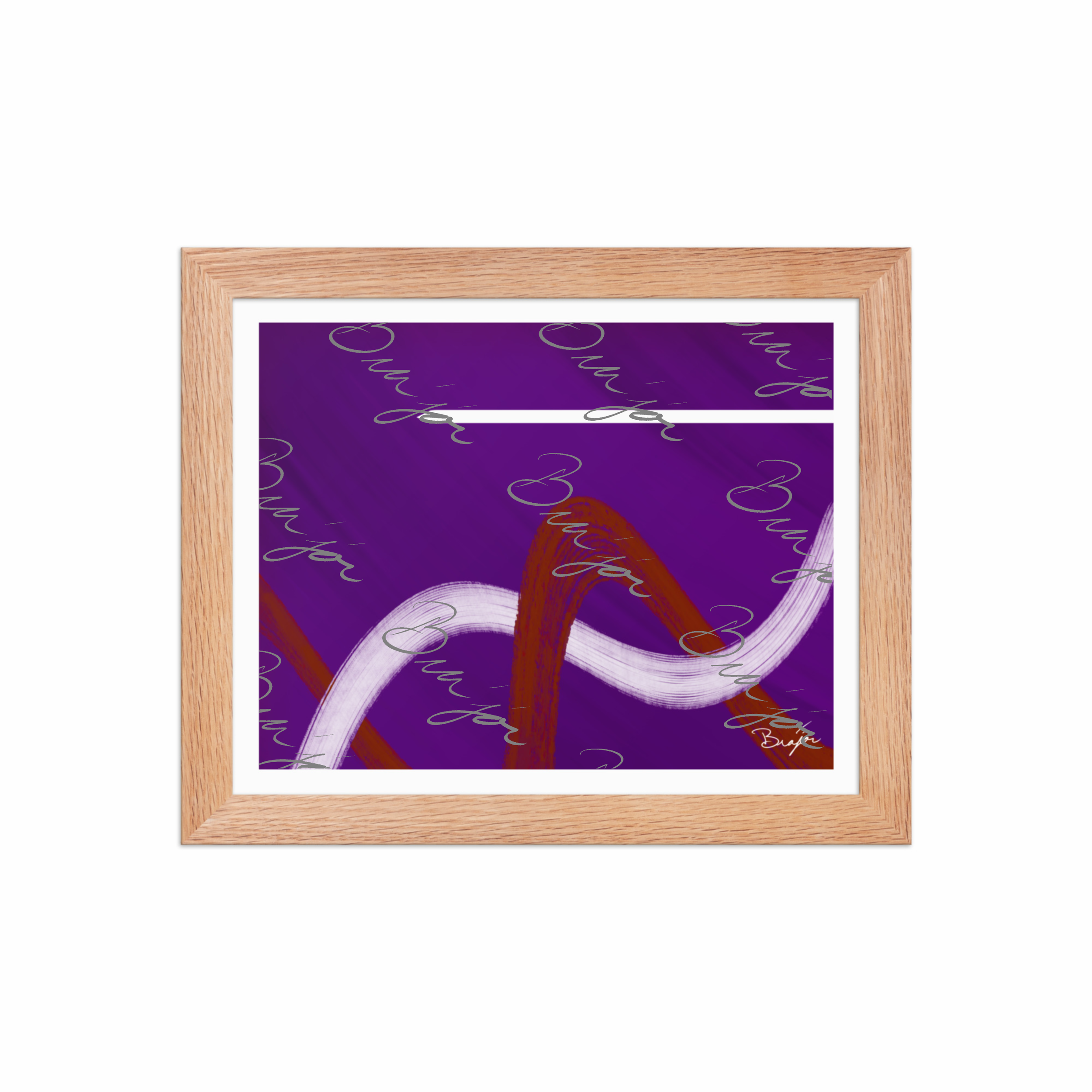 8x10 Red Oak Framed abstract artwork titled Quiet designed by the digital abstract artist Bra'jor. Artwork includes the colors Purple, Red, and White
