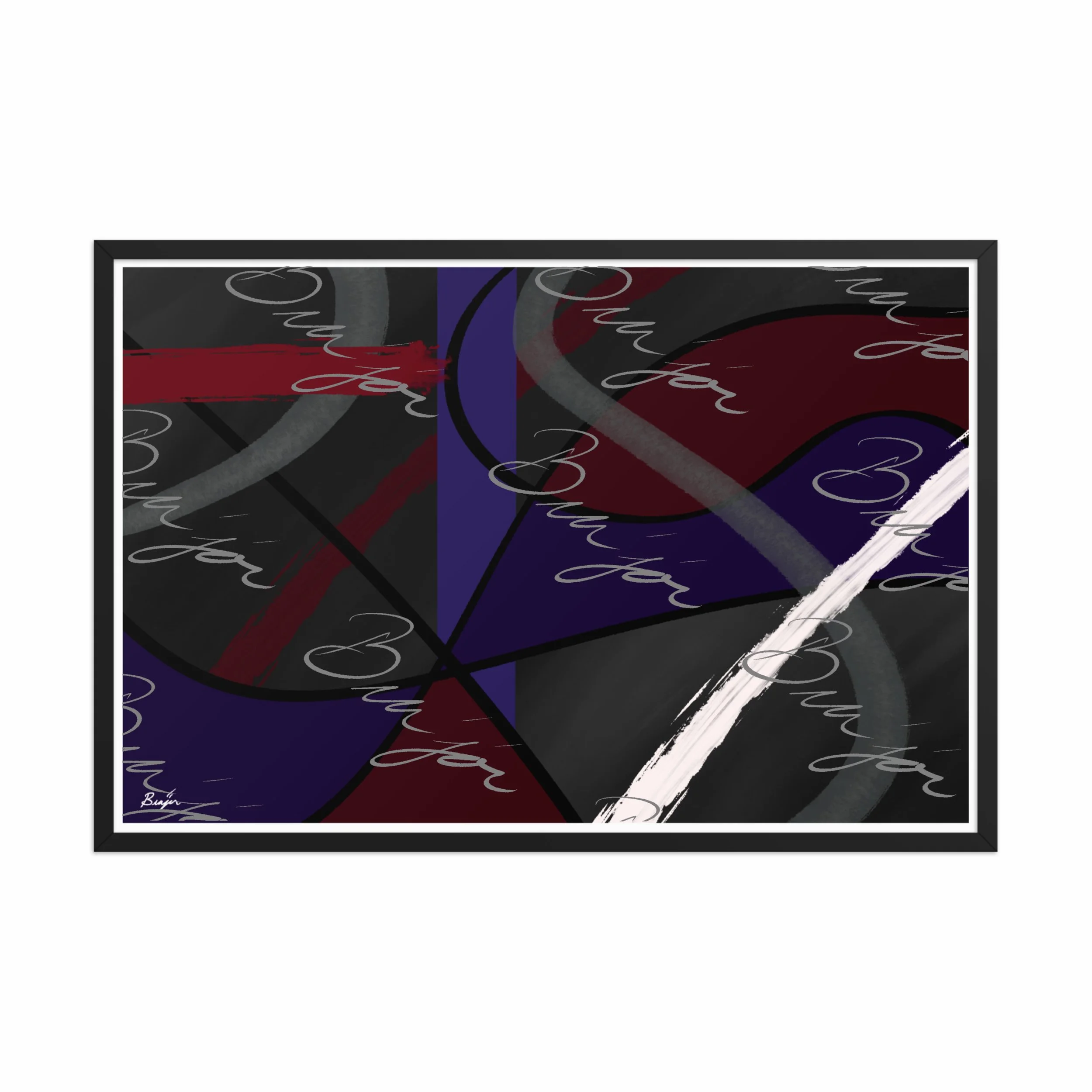 24x36 Black Framed Abstract artwork titled Different designed by the digital abstract artist Bra'jor. Artwork includes the colors Purple, Blue, Red, Gray, and Black