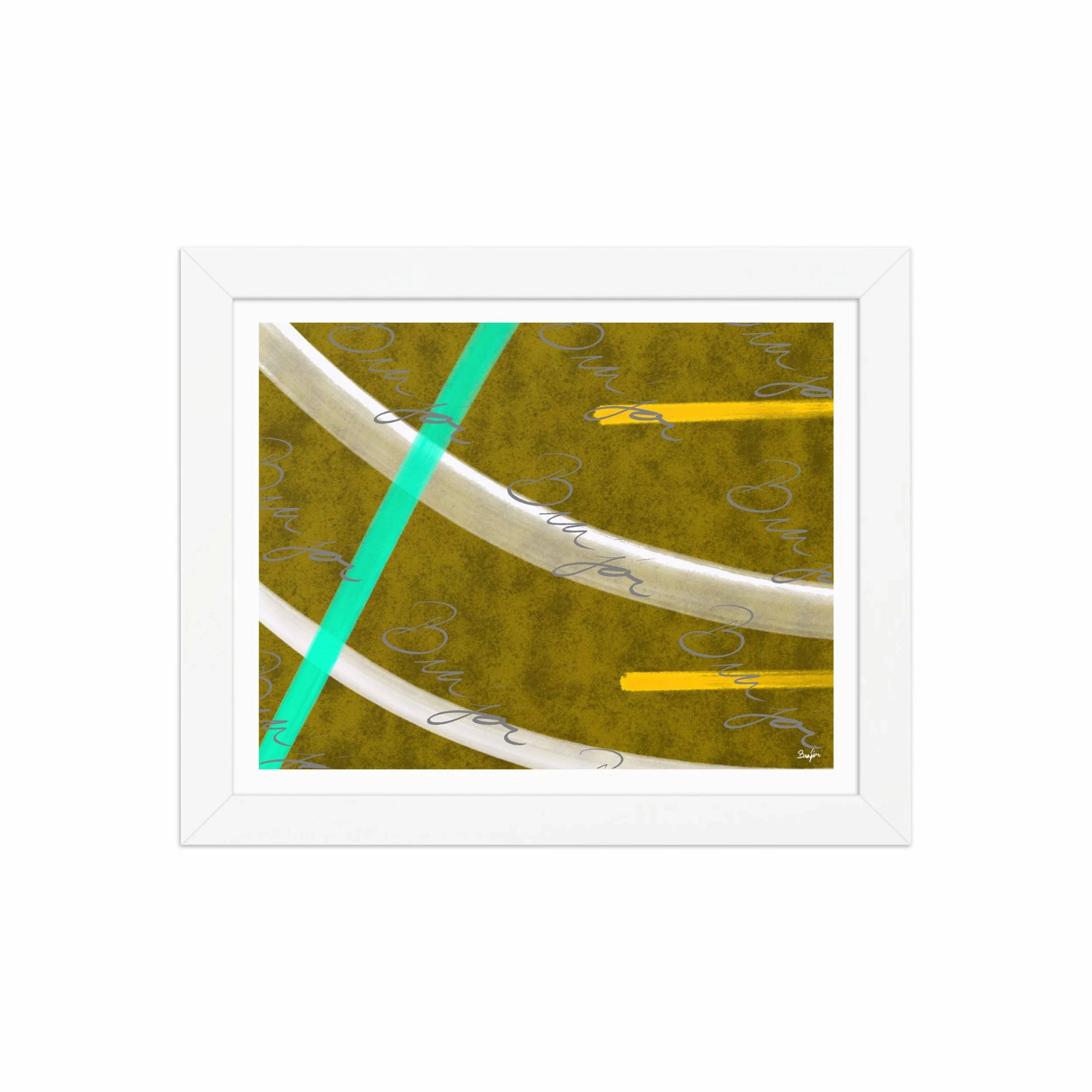 8x10 White Framed Abstract artwork titled Hushed designed by the digital abstract artist Bra'jor. Artwork includes the colors Orange, Yellow, White, and Blue
