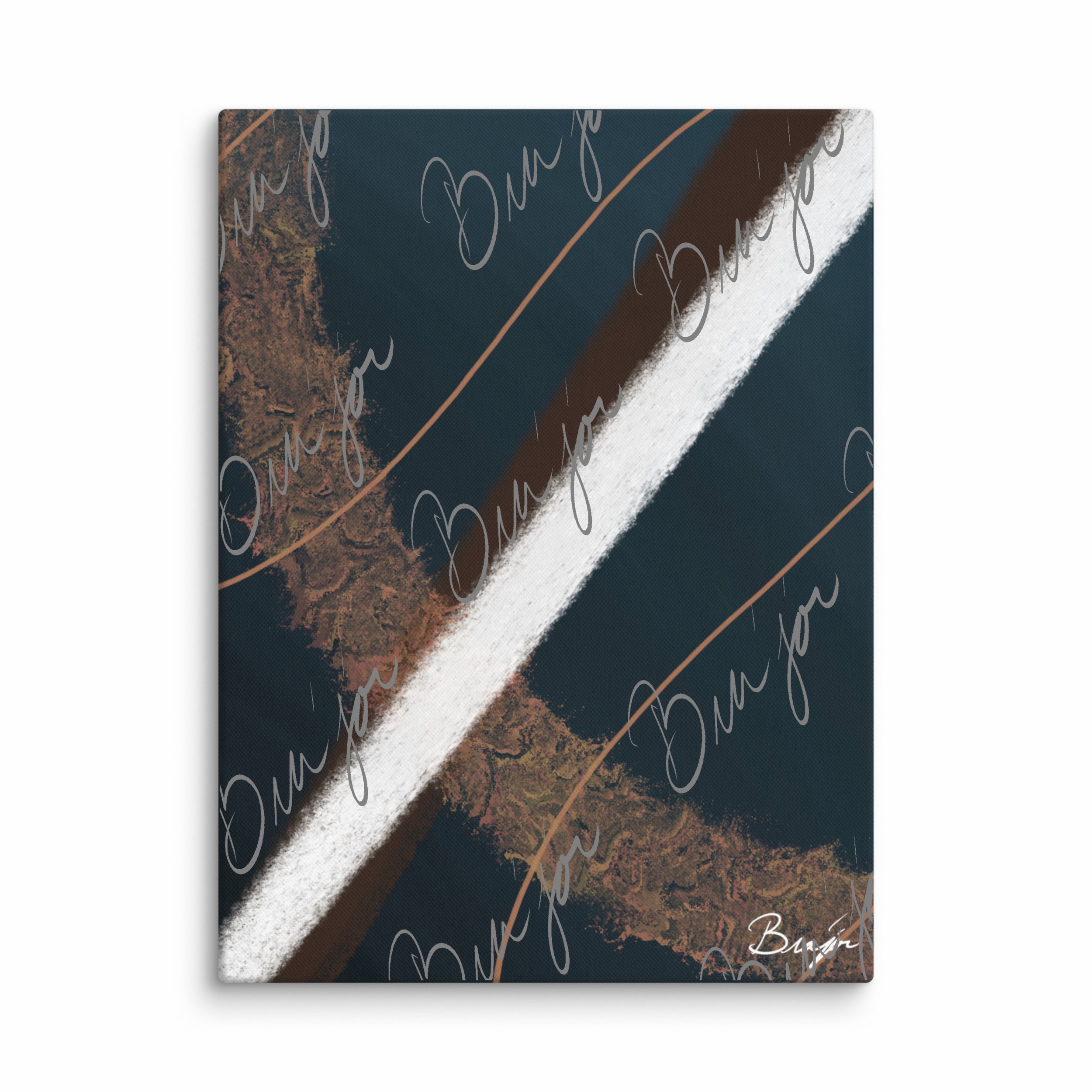 30x40 Abstract canvas artwork titled Down designed by the digital abstract artist Bra'jor. Artwork includes the colors Blue, Brown, White, Tan, and Gray