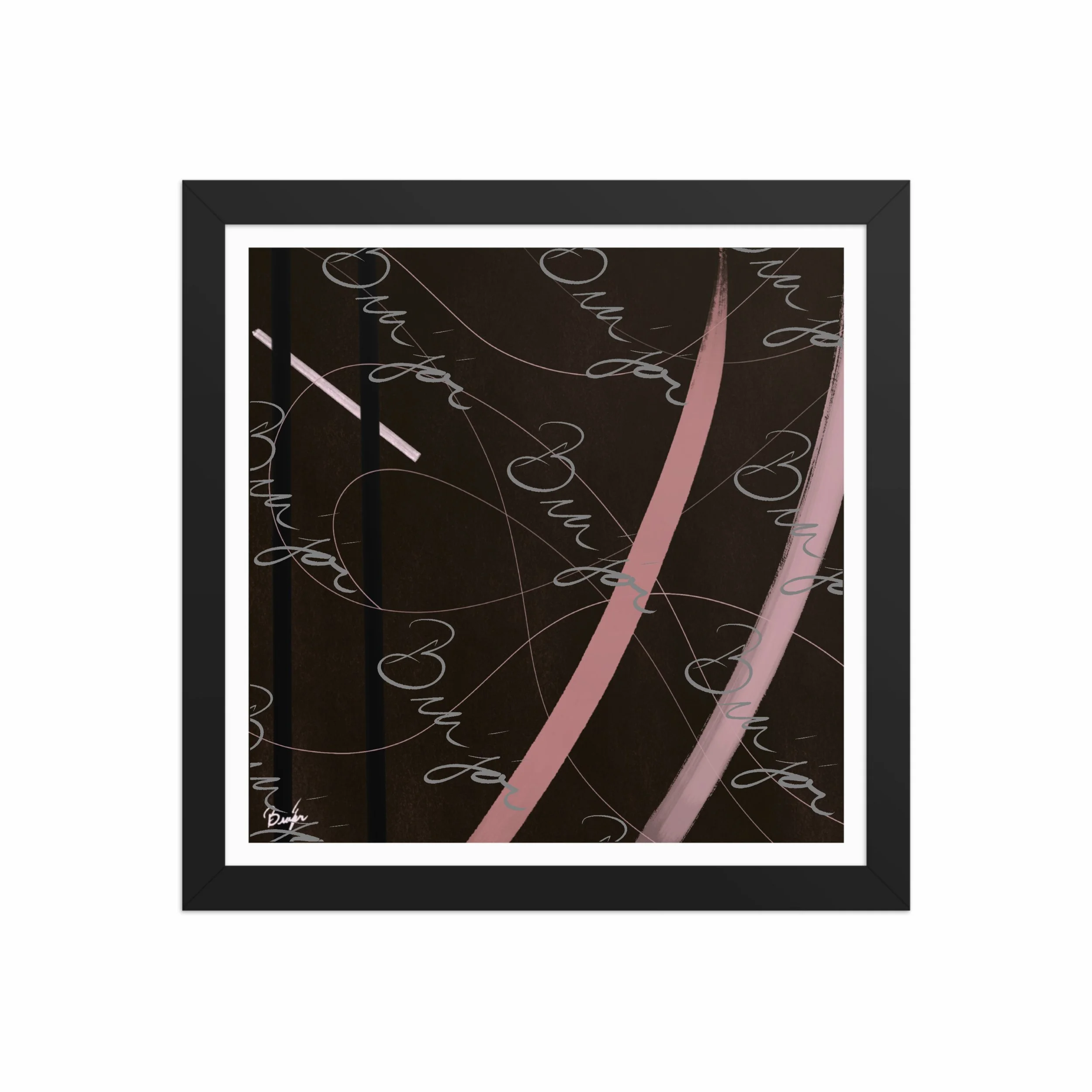 12x12 Black Framed abstract artwork titled Beholder designed by the digital abstract artist Bra'jor. Artwork includes the colors Brown, Pink, Black, and White