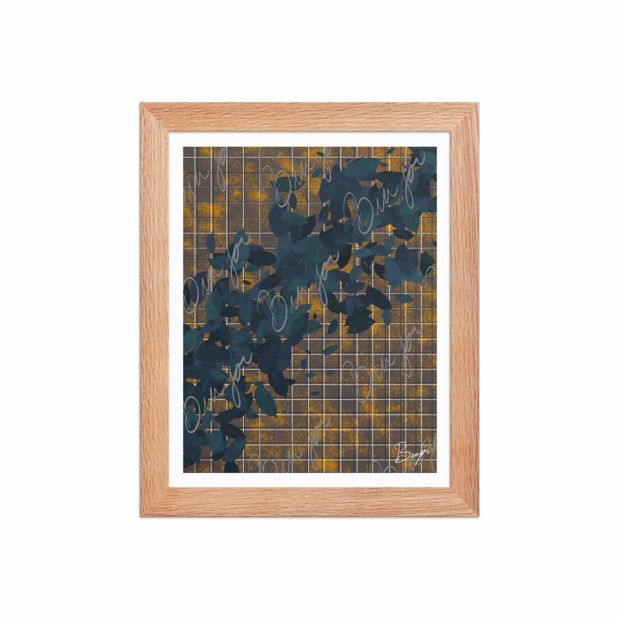 8x10 Red Oak Framed abstract artwork titled Changes designed by the digital abstract artist Bra'jor. Artwork includes the colors Blue in different dark shades, Orange, White, and Black