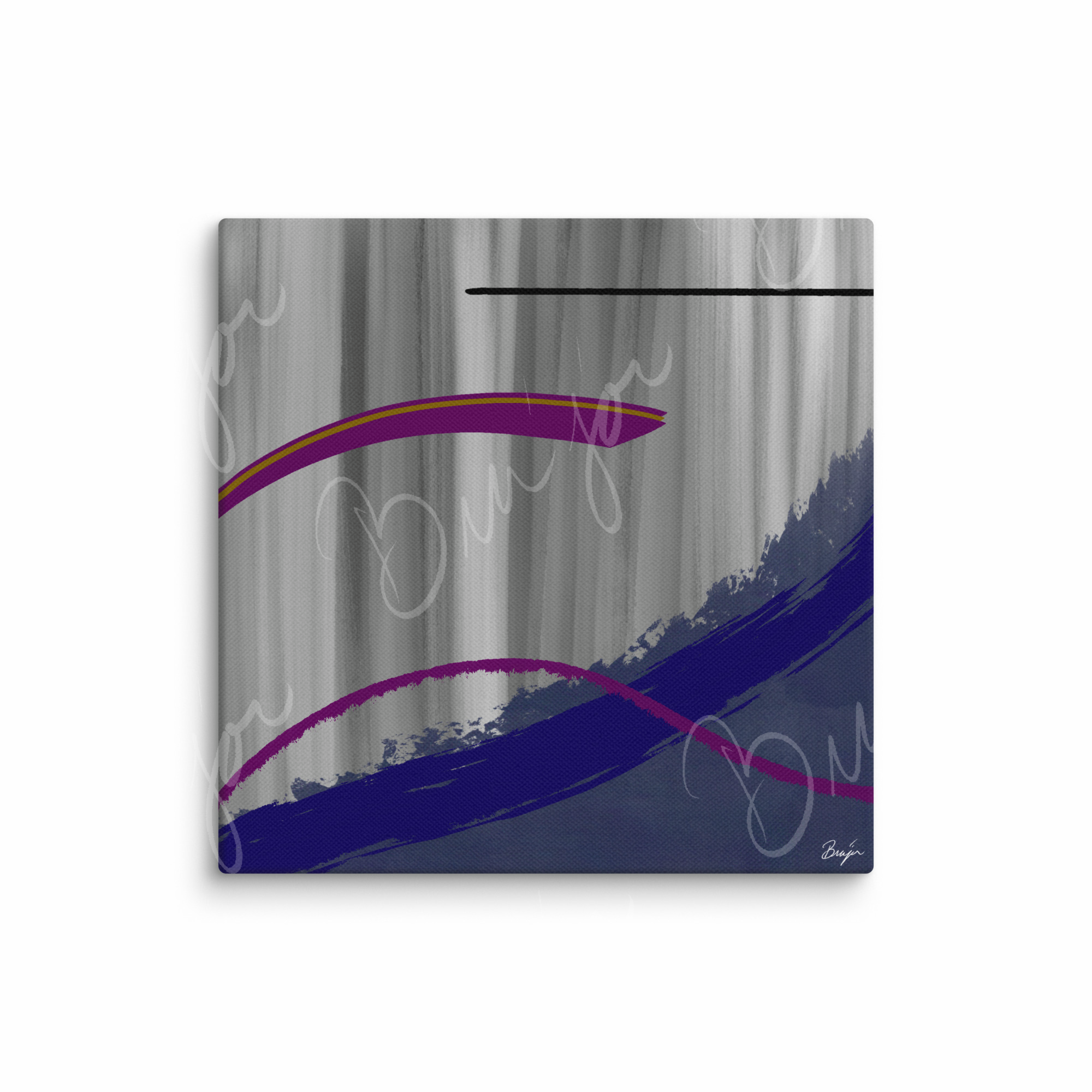 12x12 Canvas Abstract artwork titled Reworking designed by the digital abstract artist Bra'jor. Artwork includes the colors Purple, Gray, Blue, Mustard Yellow, and Black