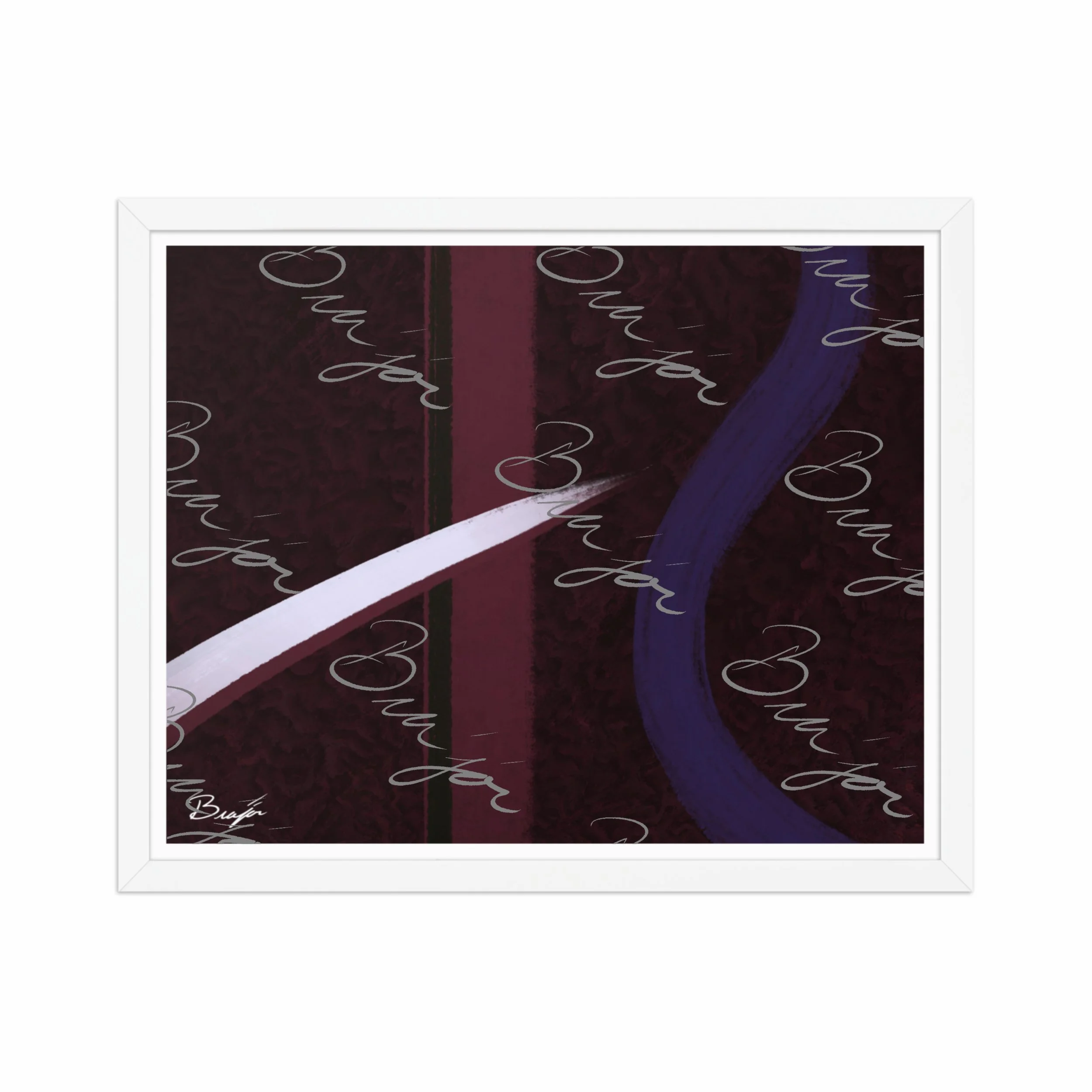 16x20 White Framed abstract artwork titled The Walk designed by the digital abstract artist Bra'jor. Artwork includes the colors Maroon, Black, Purple, and White
