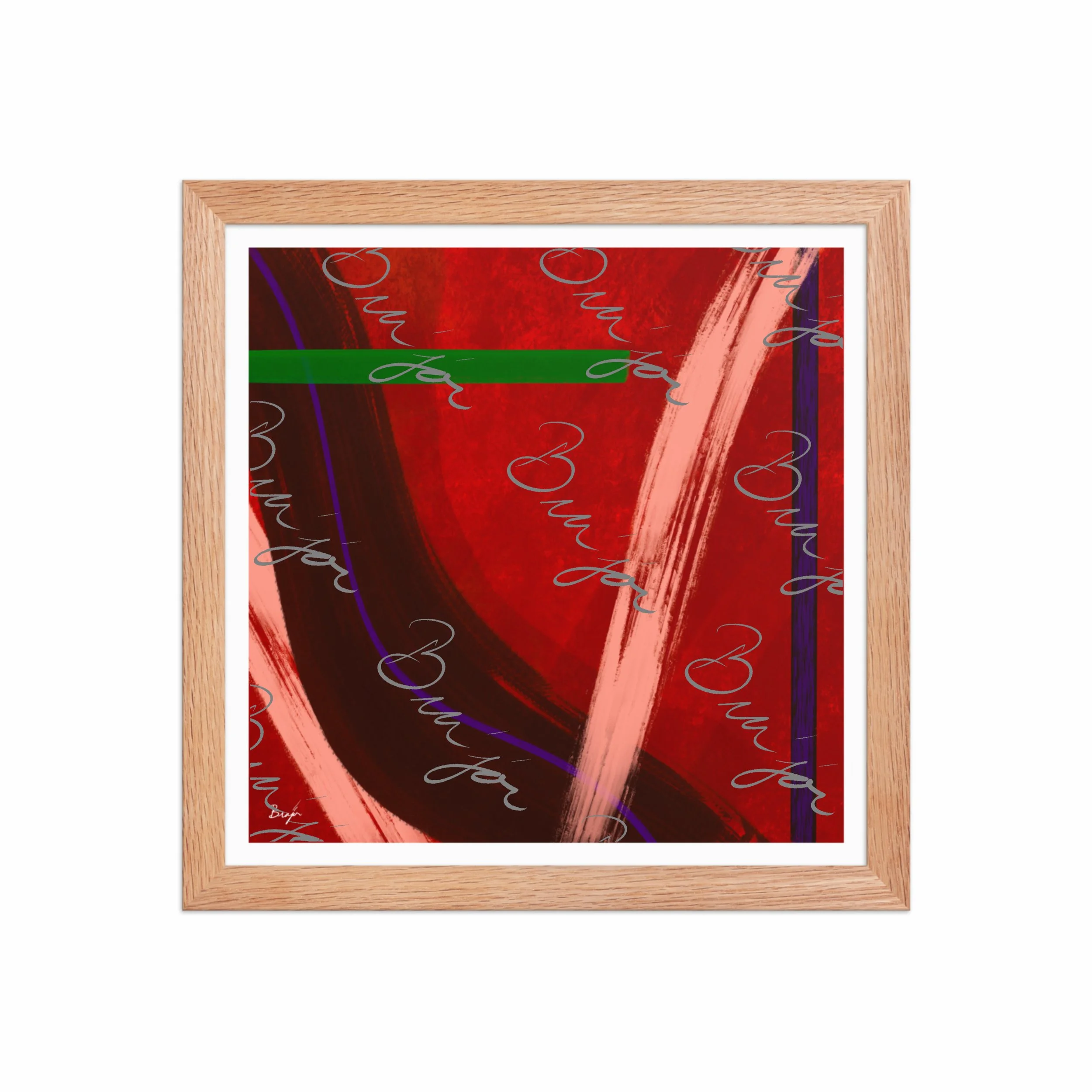 12x12 Red Oak Framed abstract artwork titled Feelings designed by the digital abstract artist Bra'jor. Artwork includes the colors Red, Orange, Purple, and Green