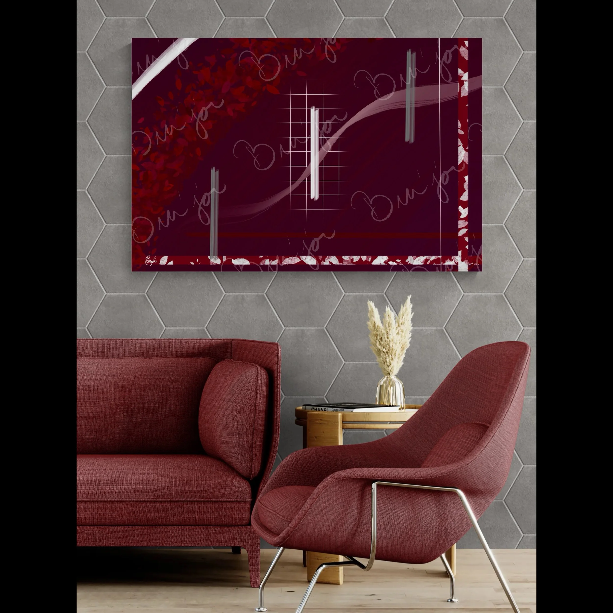 XL Canvas Abstract artwork titled Shine designed by the digital abstract artist Bra'jor. Artwork includes the colors Red, Gray, Maroon, White, and Soft Pink