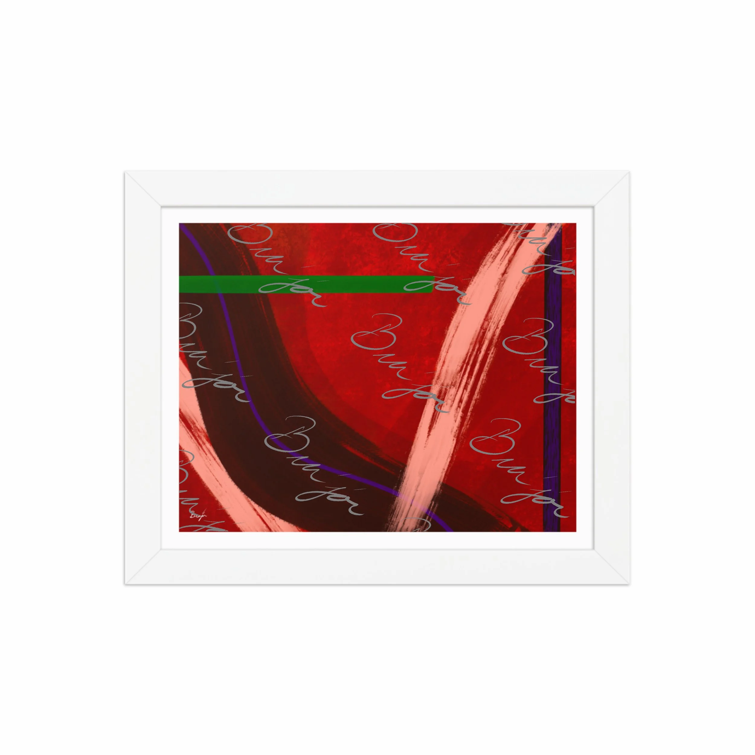 8x10 White Framed abstract artwork titled Feelings designed by the digital abstract artist Bra'jor. Artwork includes the colors Red, Orange, Purple, and Green