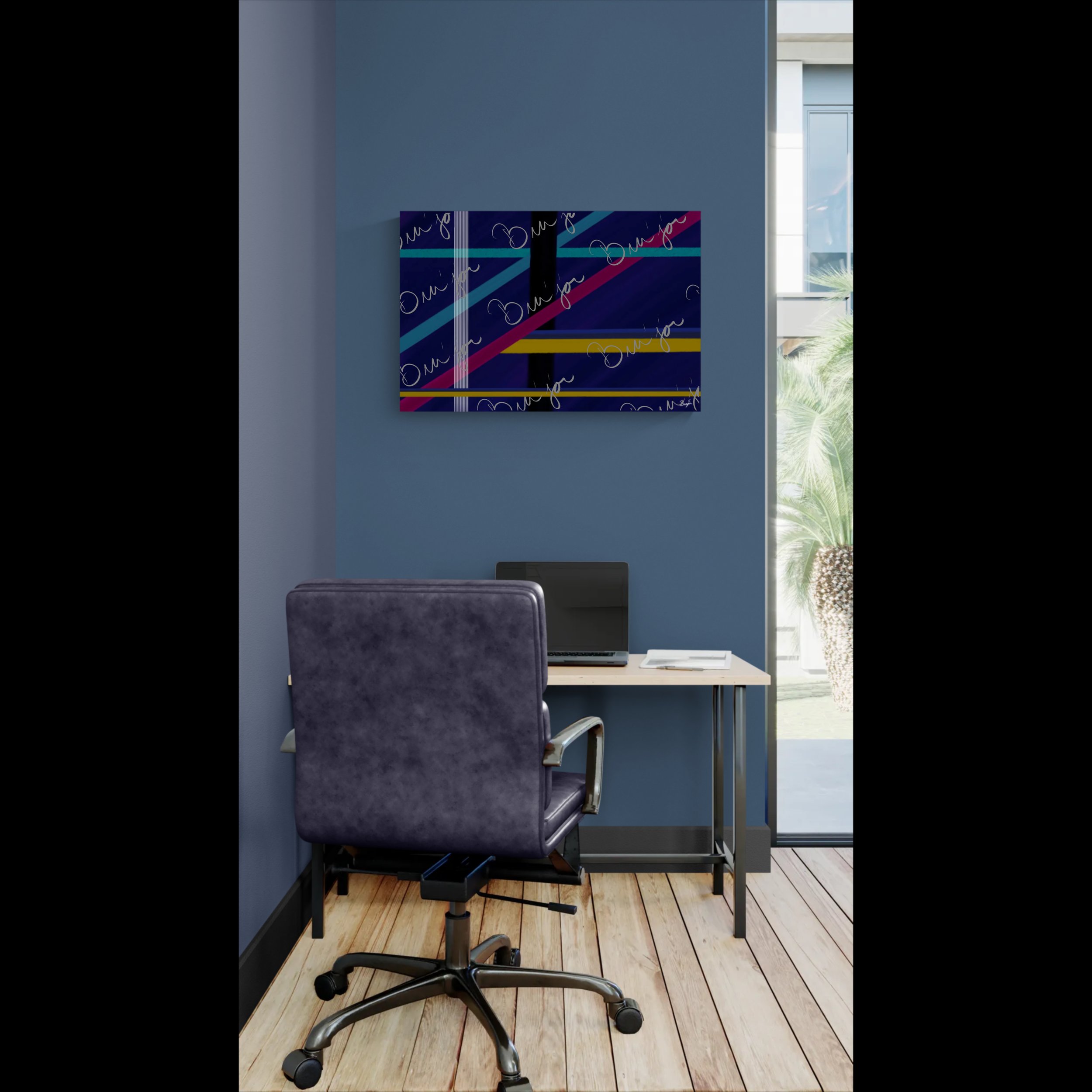 Canvas Abstract artwork titled Destinations designed by the digital abstract artist Bra'jor. Artwork includes the colors Black, Blue, Yellow, Pink, and White