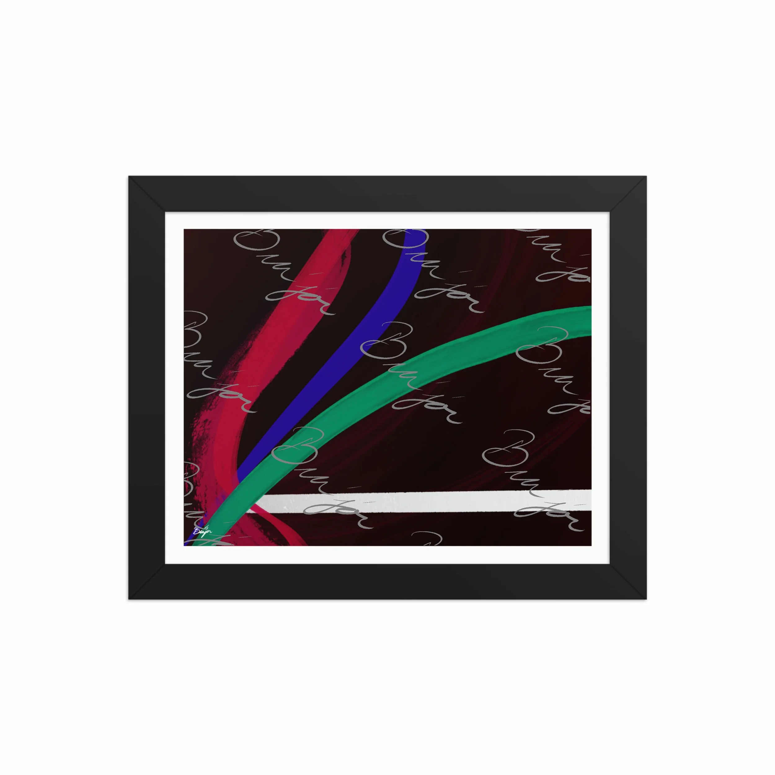 8x10 Black Framed Abstract artwork titled Journey designed by the digital abstract artist Bra'jor. Artwork includes the colors Red, White, Green, and Blue