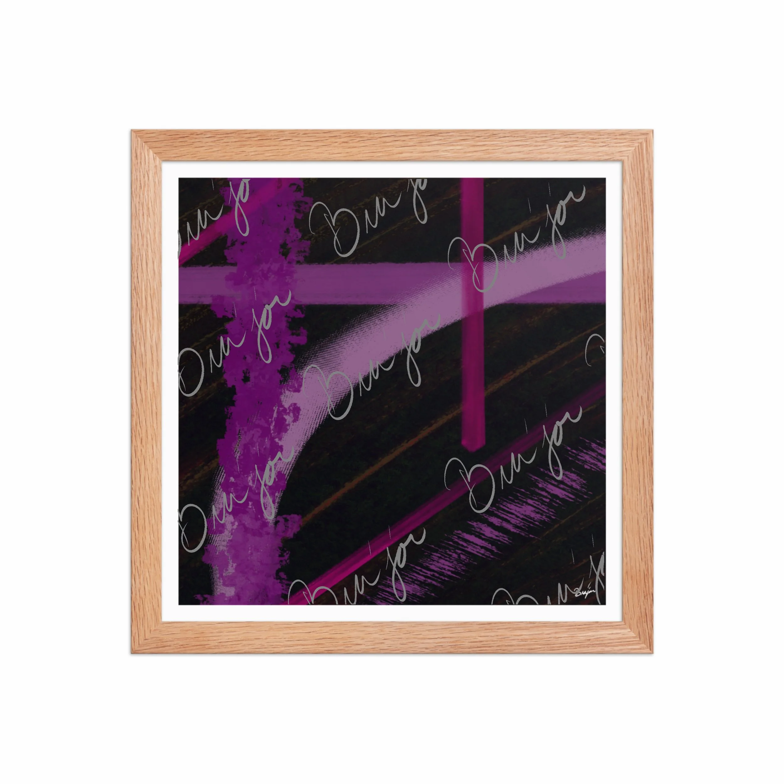 12x12 Red Oak Framed Abstract artwork titled Be Soft designed by the digital abstract artist Bra'jor. Artwork includes the colors Purple, Lavender, Pink, Orange, and Black